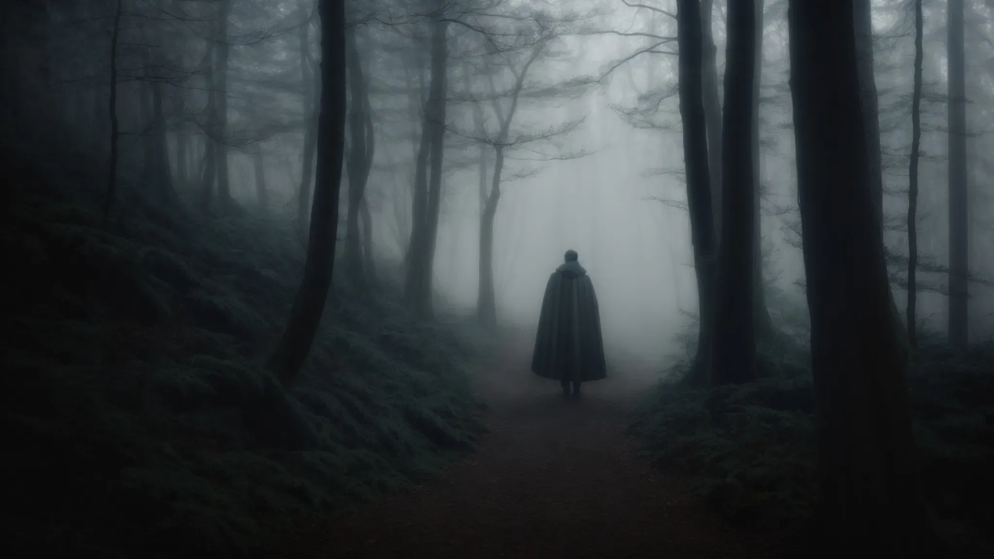 a dense, shadowy forest shrouded in mist, with the eerie silhouette of a forlorn figure standing in the distance.