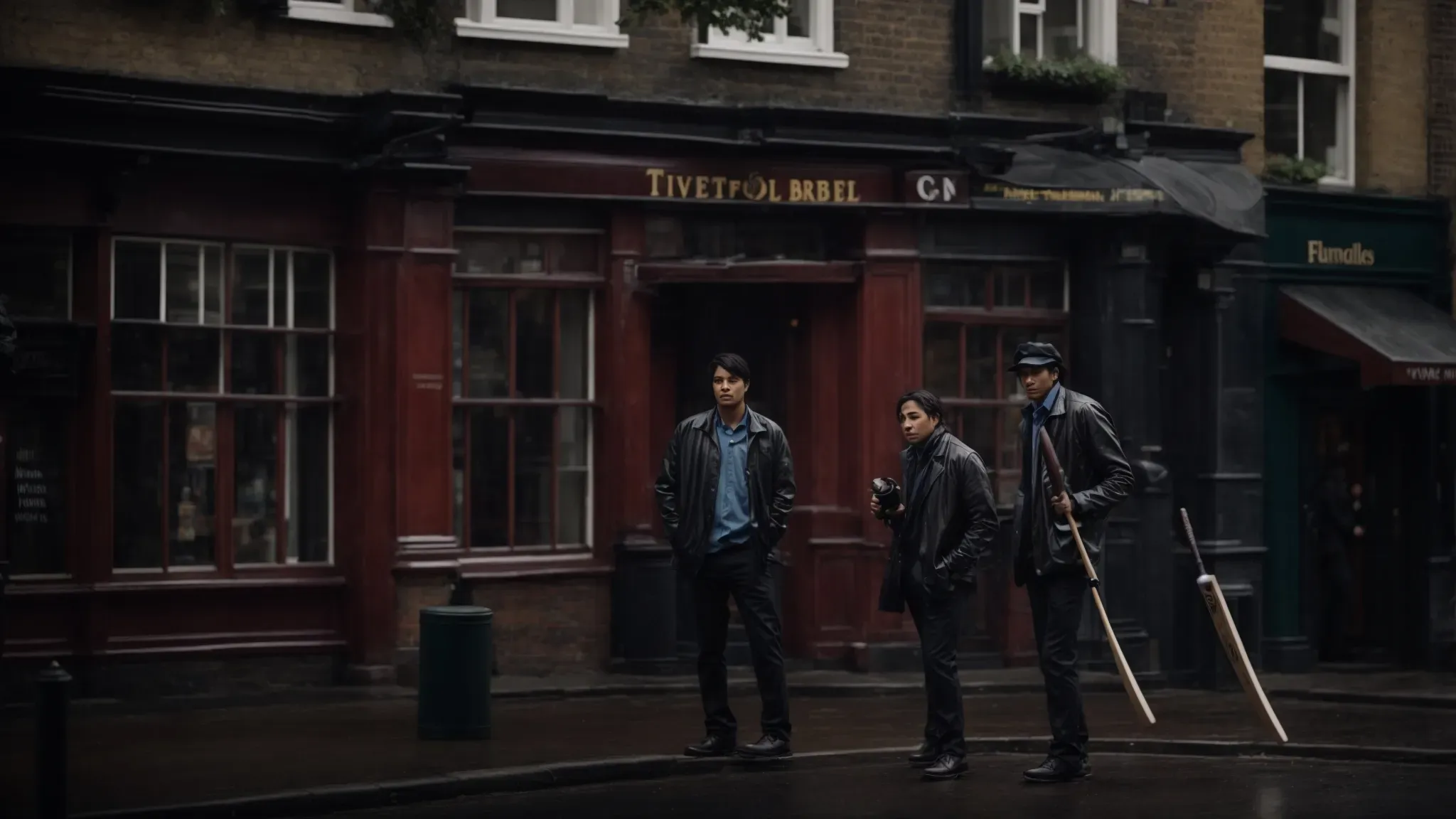 two friends wield cricket bats against zombies outside a london pub under a dreary sky.