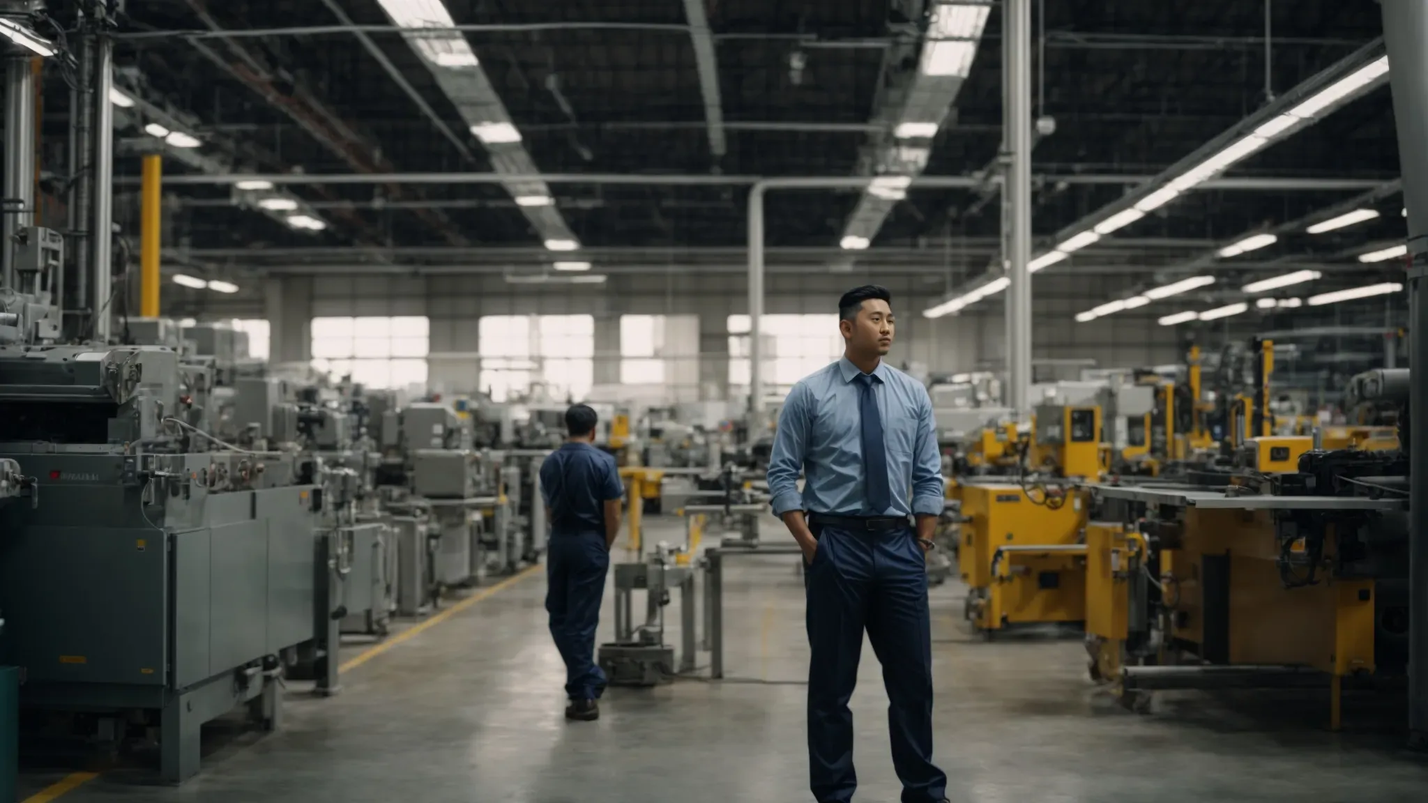 a production manager stands confidently in front of a bustling factory floor, overseeing the seamless flow of operations.