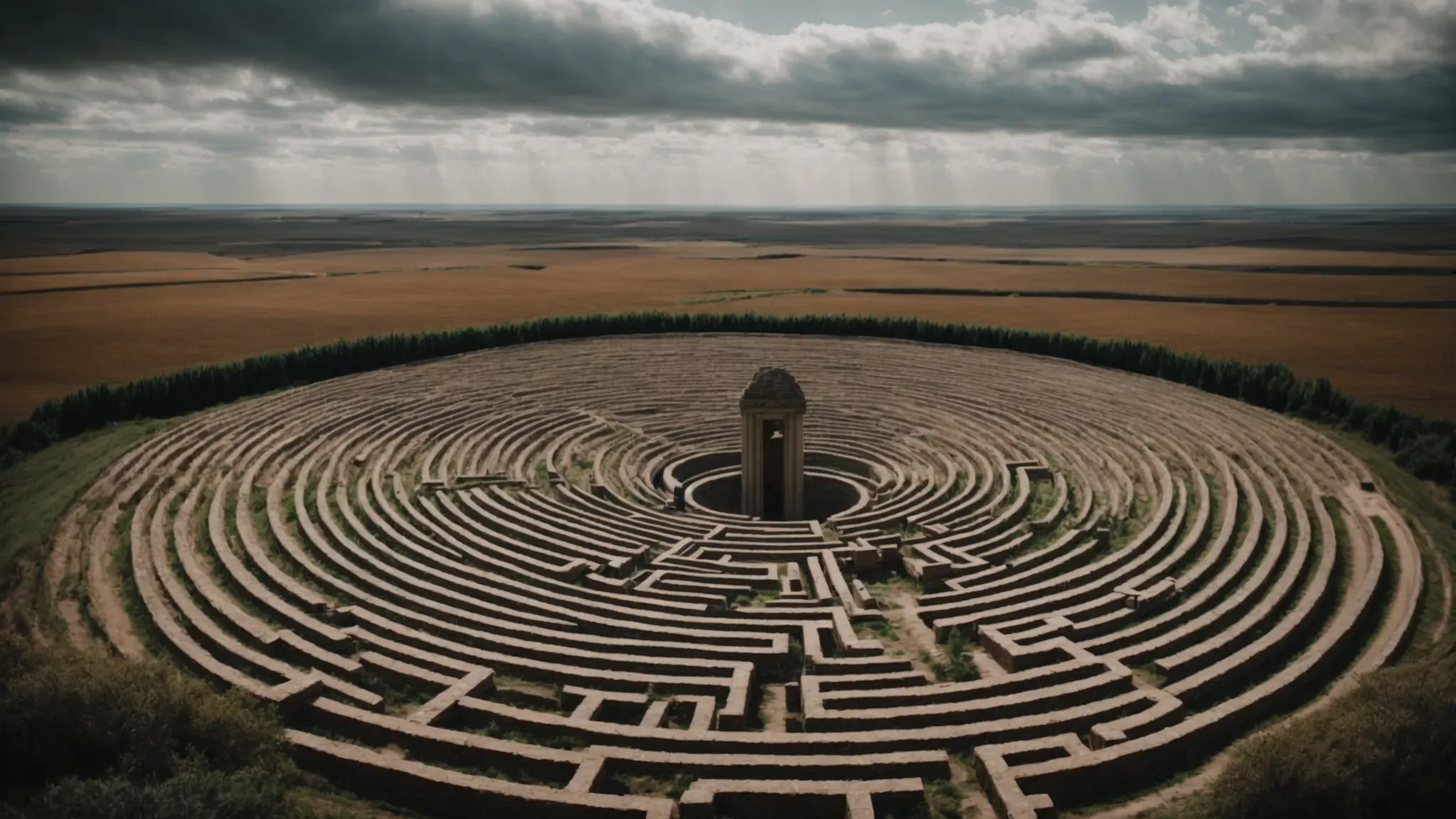 a labyrinth stretching across a mind's landscape, blurring the lines between dream and reality under a vast, unfurling sky.