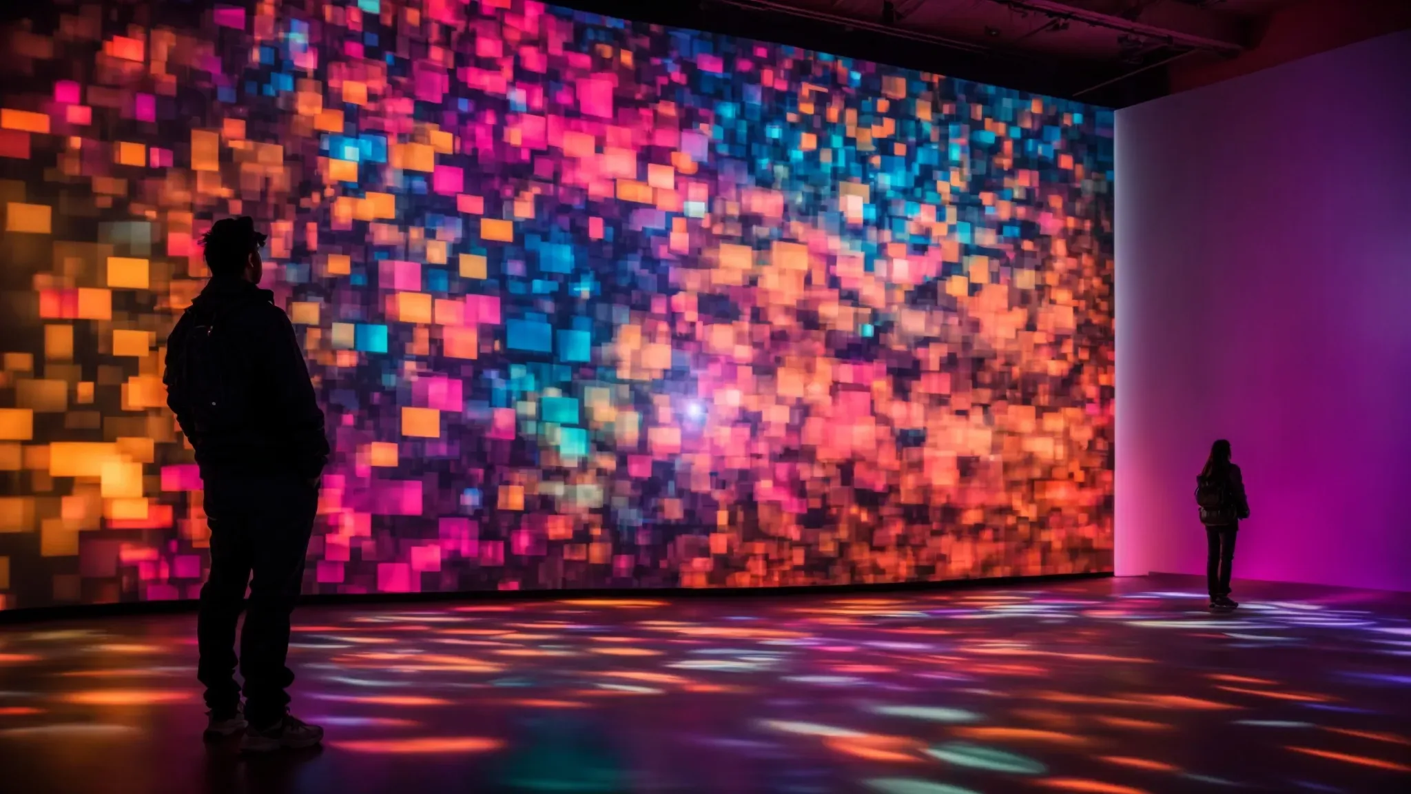 a visitor interacting with a large, digital interactive innovative filmmaking platform installation projecting colorful, abstract imagery on a wall in a dimly lit room.