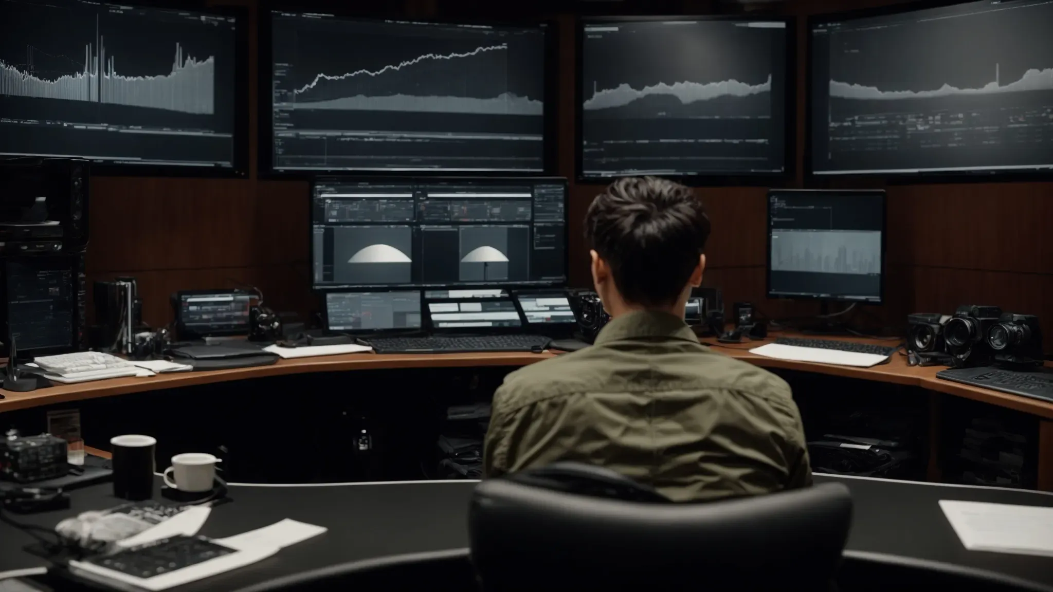 a film editor sits before two screens displaying contrasting scenes, meticulously aligning cuts to ensure narrative flow.