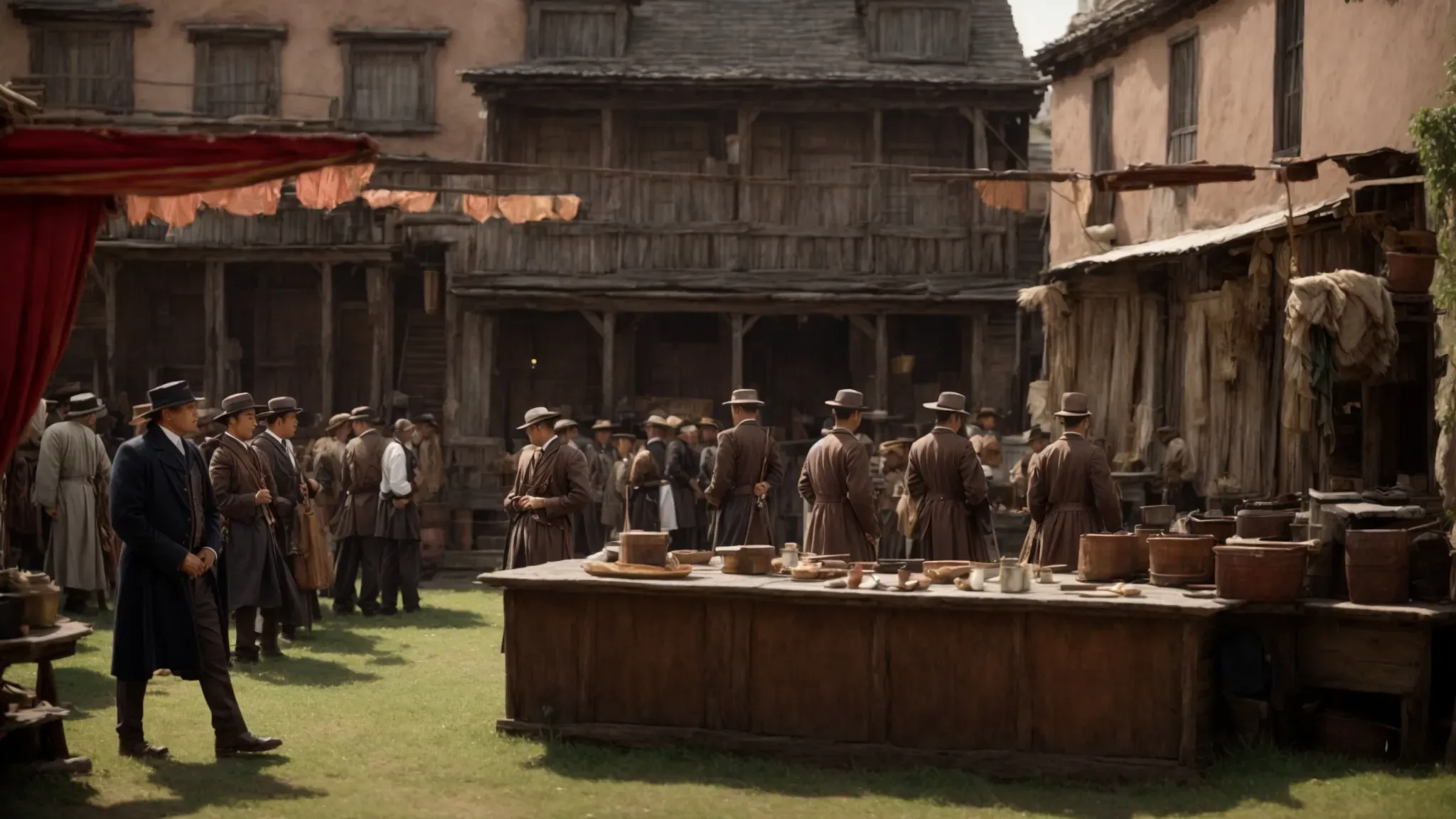 a detailed, vibrant movie set evoking a distinct era, filled with period-accurate props and architecture, under the watchful eye of a crew member.