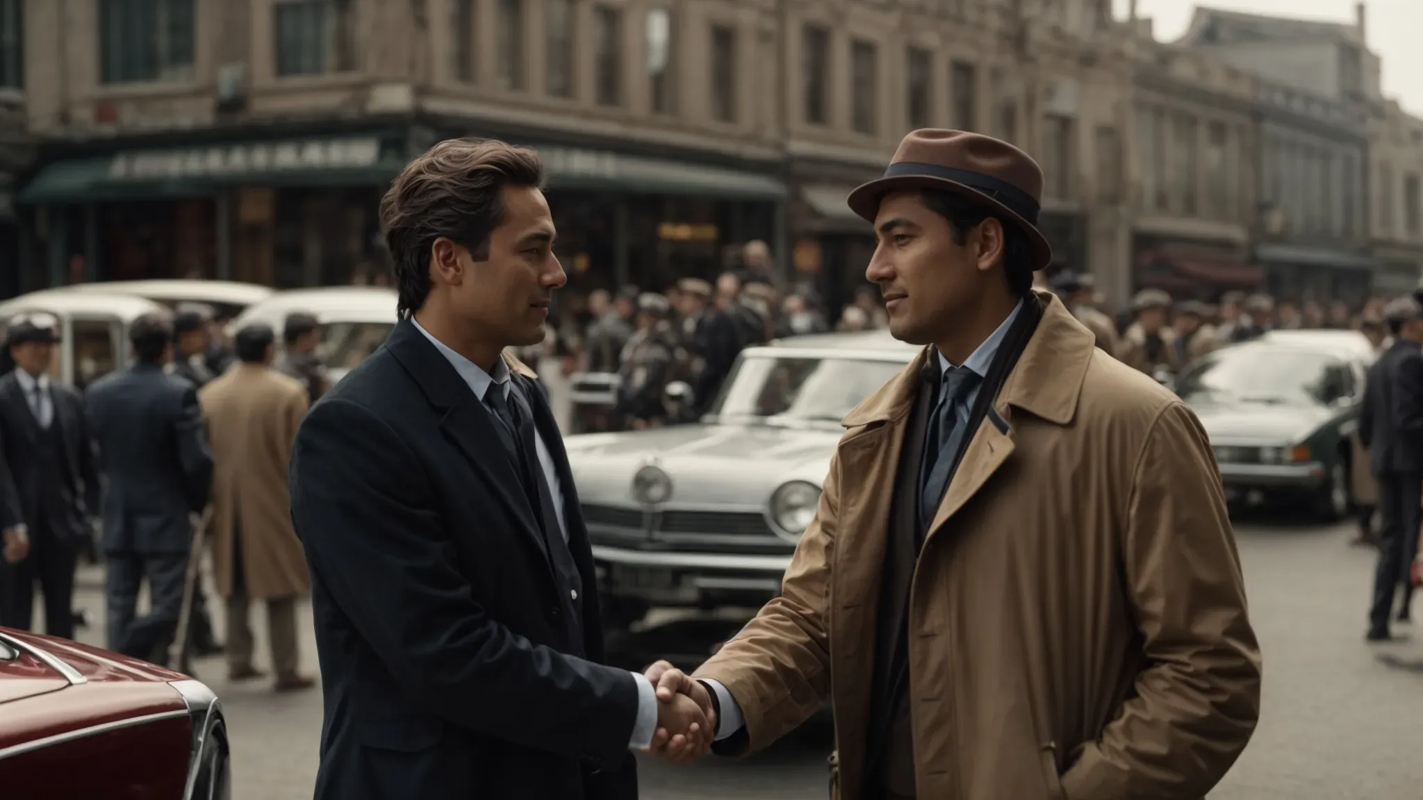 a director and an actor shaking hands on a bustling film set, conveying negotiation and agreement.