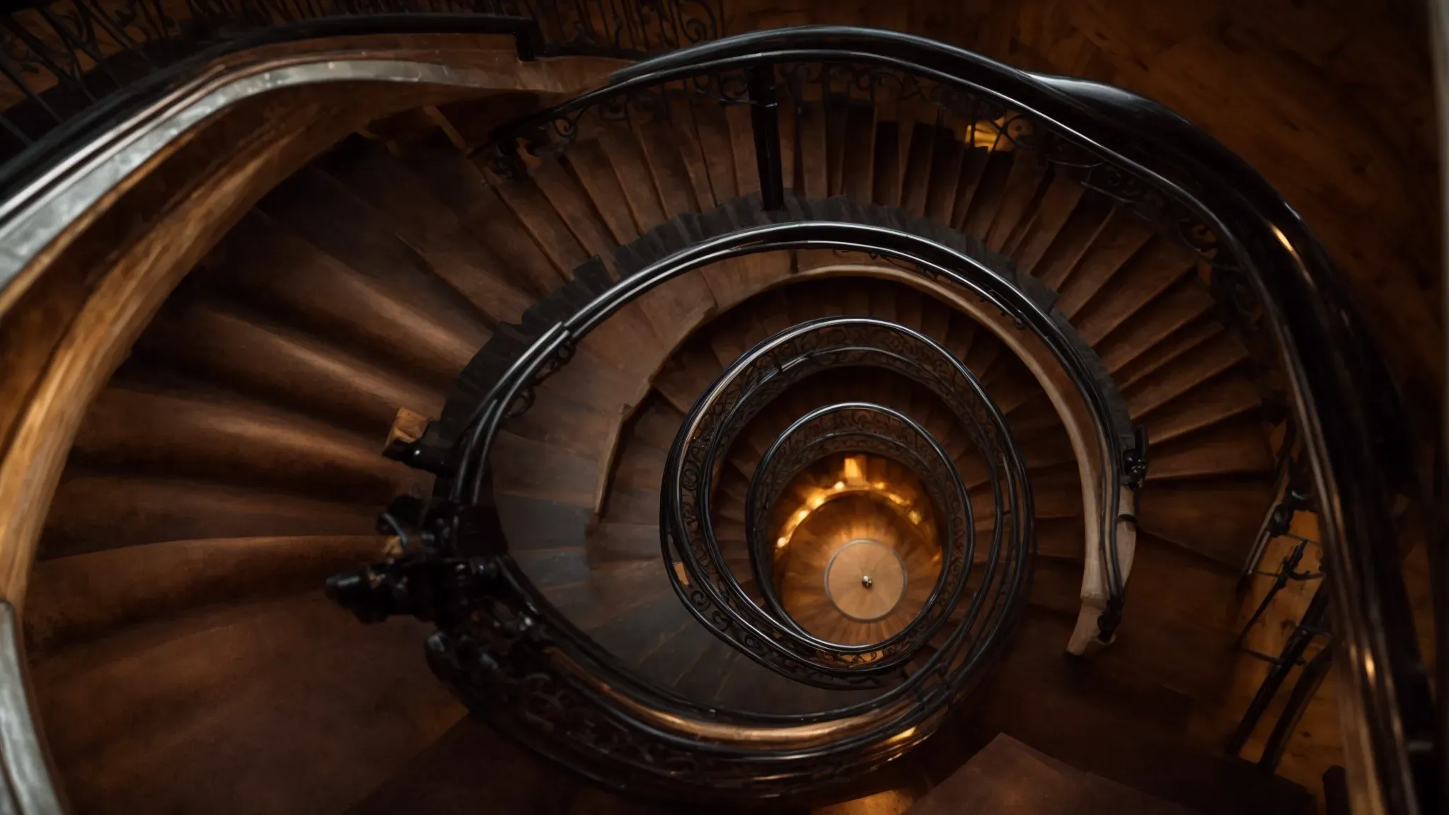 a spiraling staircase viewed from above, capturing the dizzying effect evocative of the film's themes.