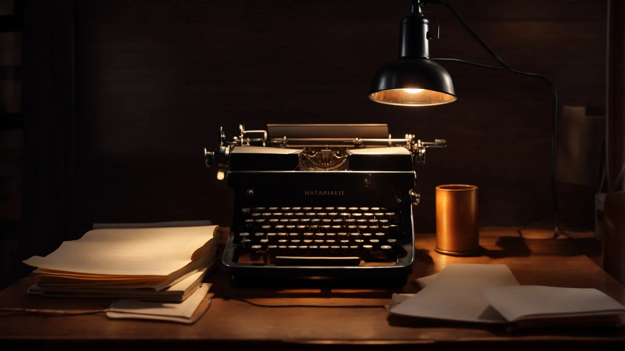 a solitary typewriter on an old wooden desk under the soft glow of a vintage lamp, surrounded by scattered pages filled with film notes and scripts.