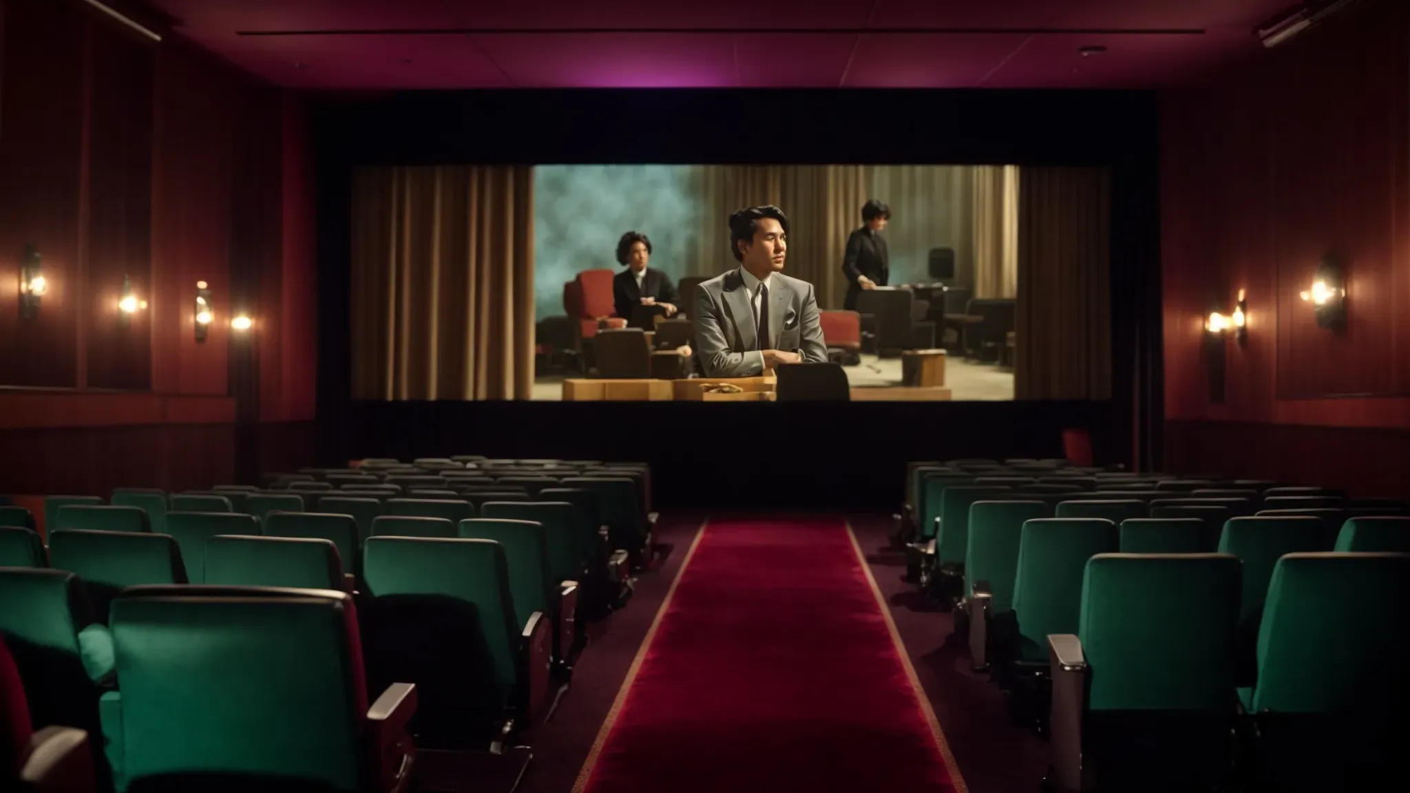 a projector illuminates a screen with vibrant, colorized classic movie scenes, before a captivated audience in a dark theater.