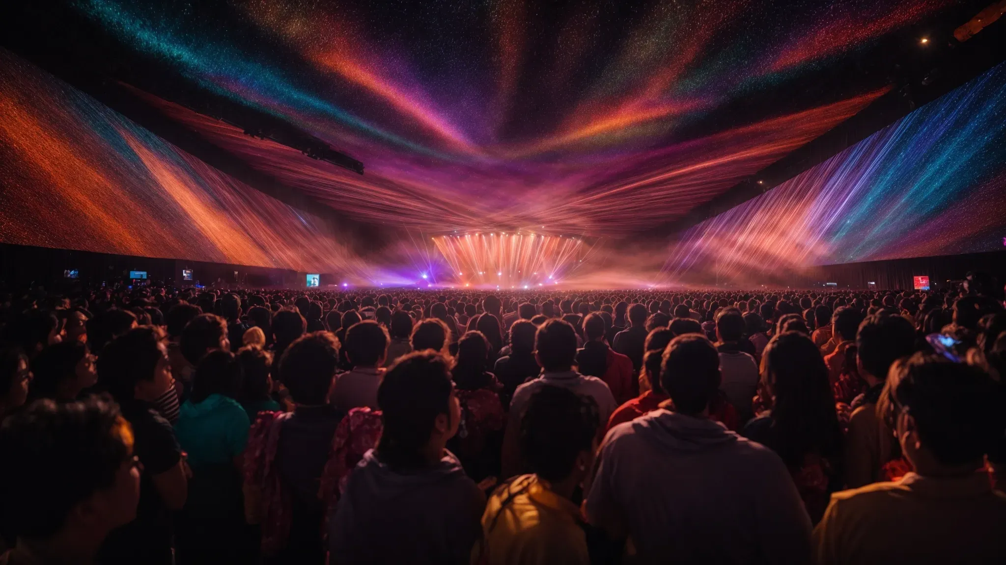 a mesmerizing light show engulfs a spacious hall, enveloping the crowd in a vibrant, moving tapestry of colors and sounds.