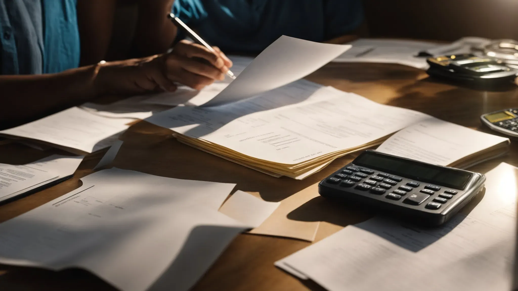 a filmmaker reviews paperwork with tax forms and a calculator on a table amidst the glow of studio lights.