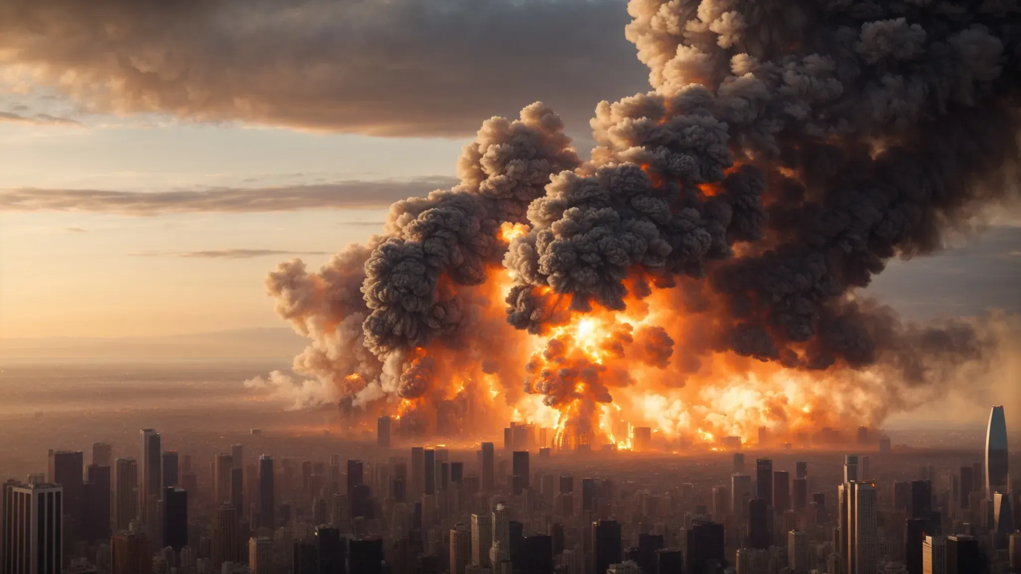 a massive explosion envelops a cityscape at sunset, casting a fiery glow over towering skyscrapers.