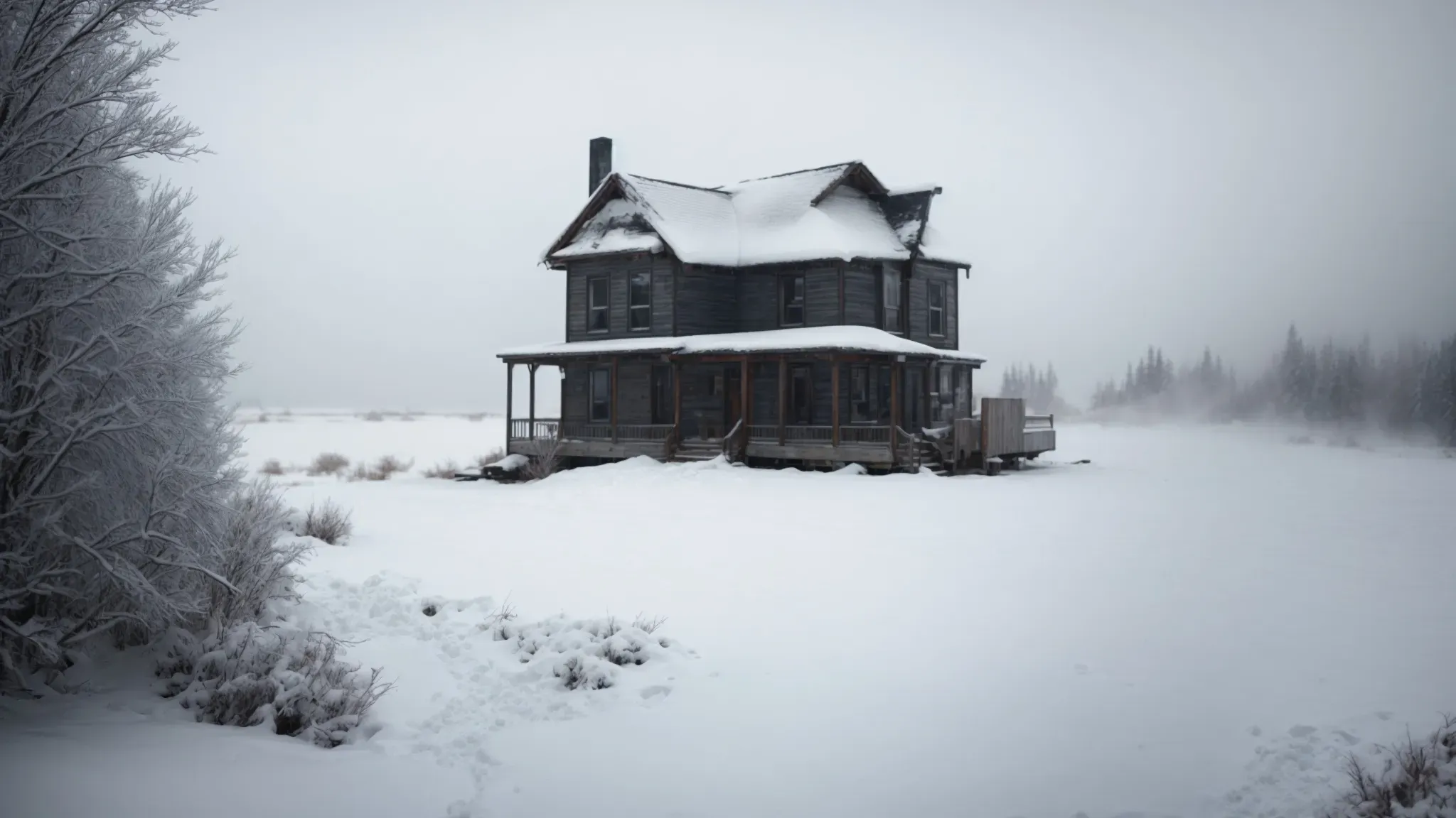 a desolate and snow-enshrouded house exudes a foreboding stillness in the wilderness.