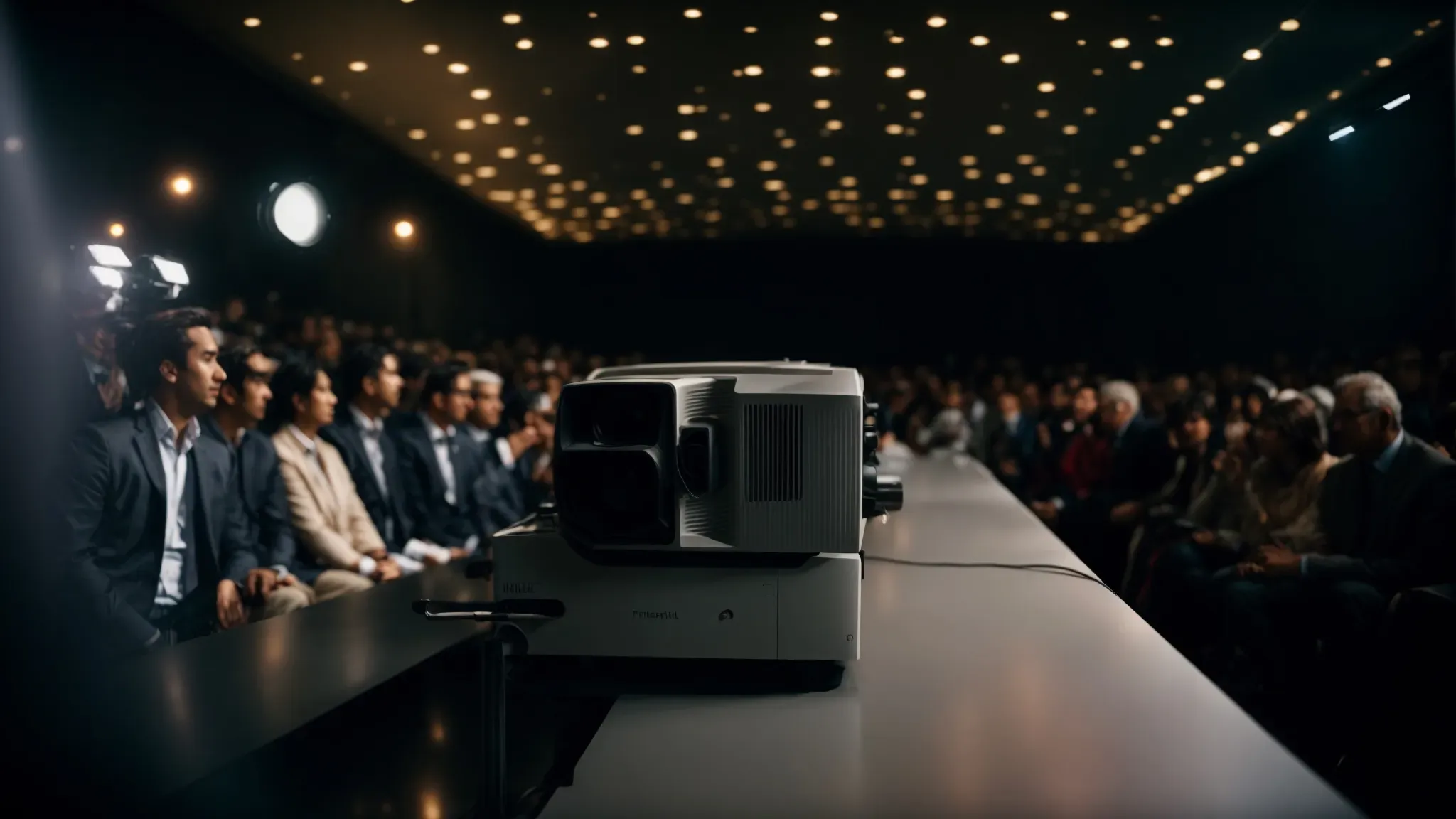 a projector casting flickering, abstract shapes in a dimly lit room, illuminating the intrigued faces of an audience.