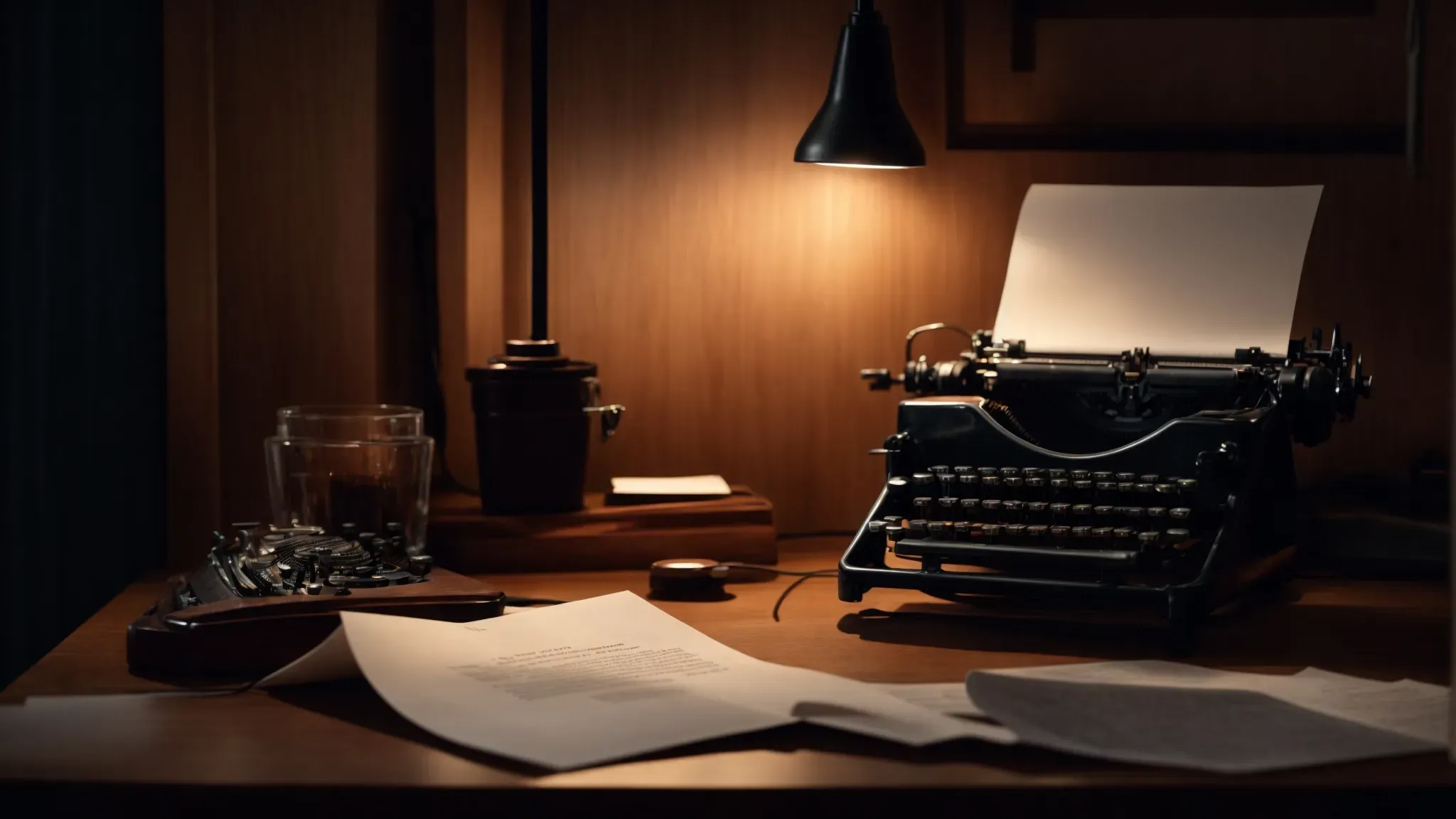 a typewriter sits on a wooden desk, surrounded by crumpled paper and a single, glowing desk lamp in a dimly lit room.