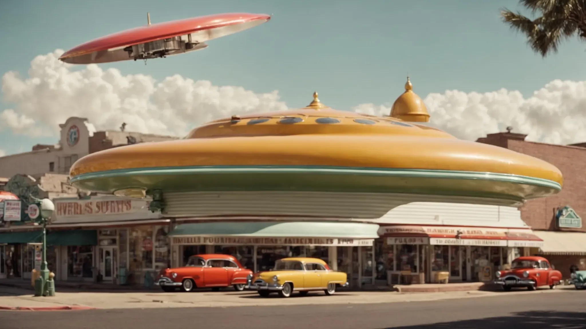 a classic 1950s town is thrown into comedic chaos as bulb-headed martians in retro flying saucers gleefully zap everything in sight.