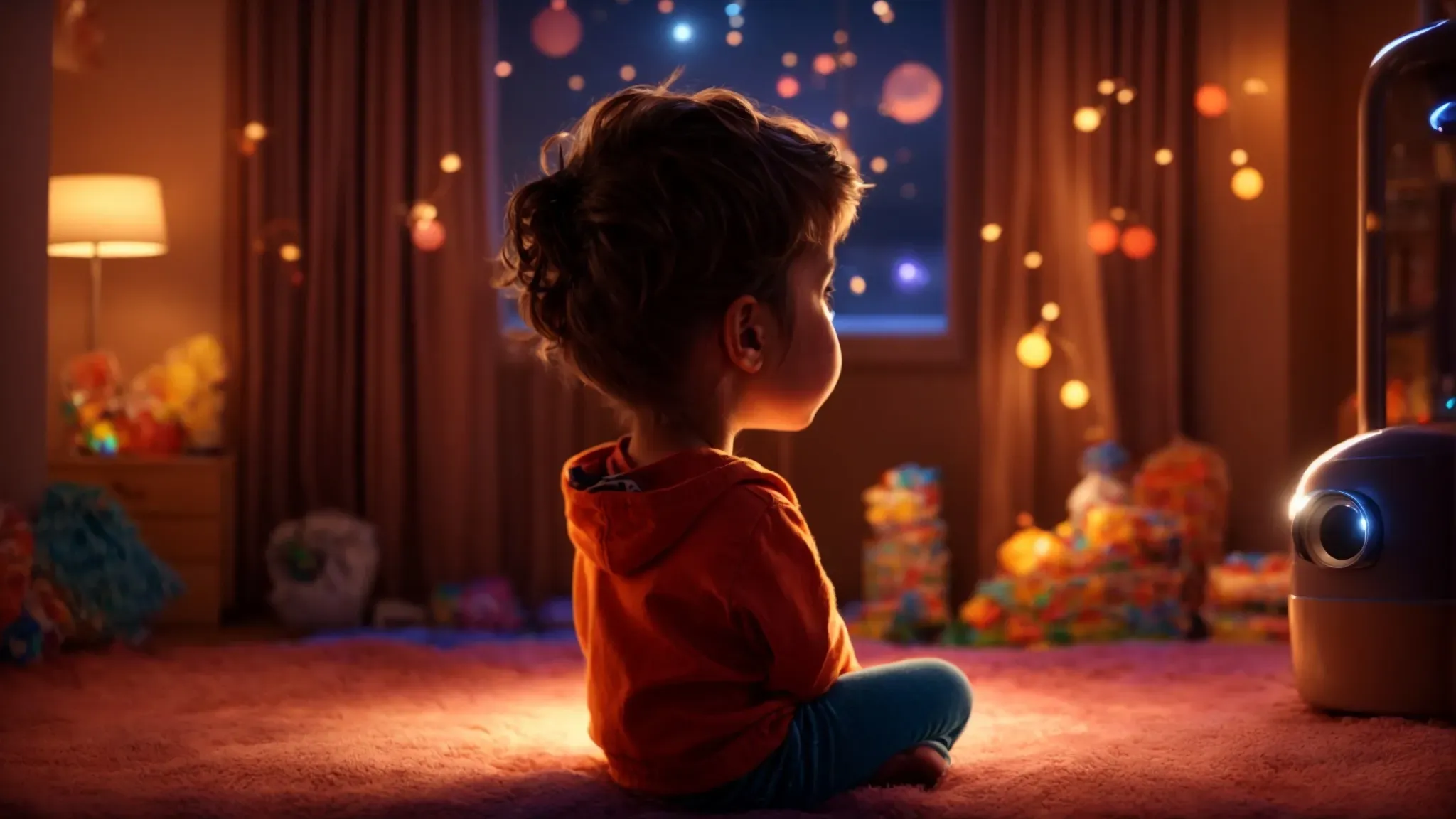 a child sits mesmerized in front of a screen, eyes wide with wonder, as a pixar short plays, illuminating the room with its vibrant animation.