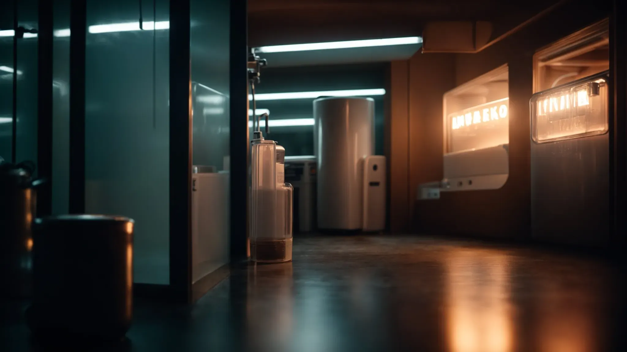 a dimly lit room illuminated by the eerie glow of a single milk dispenser that stands out amid a stark, dystopian setting.