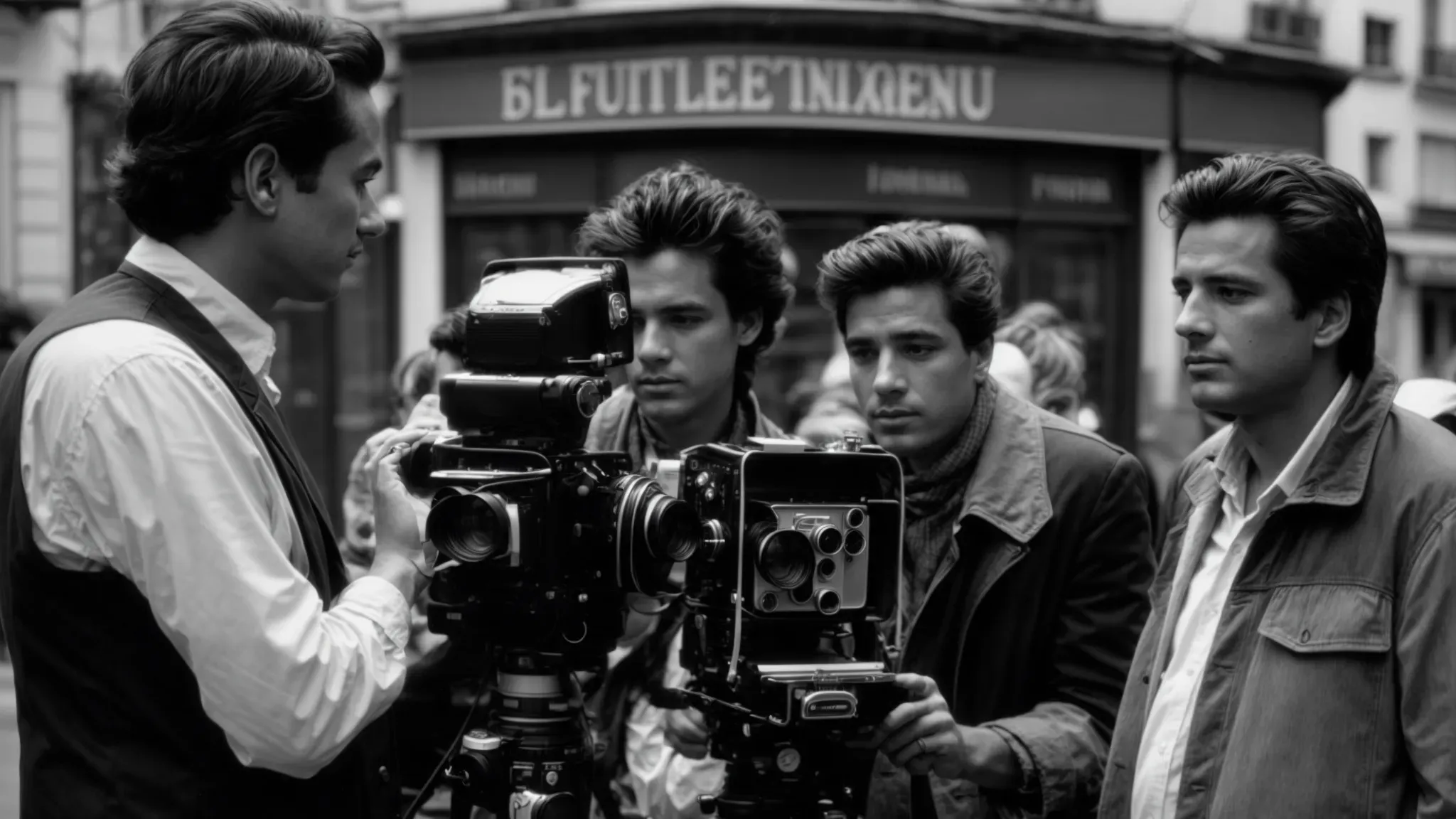 a black and white image of four directors gathered around a film camera, discussing animatedly on an old parisian street.
