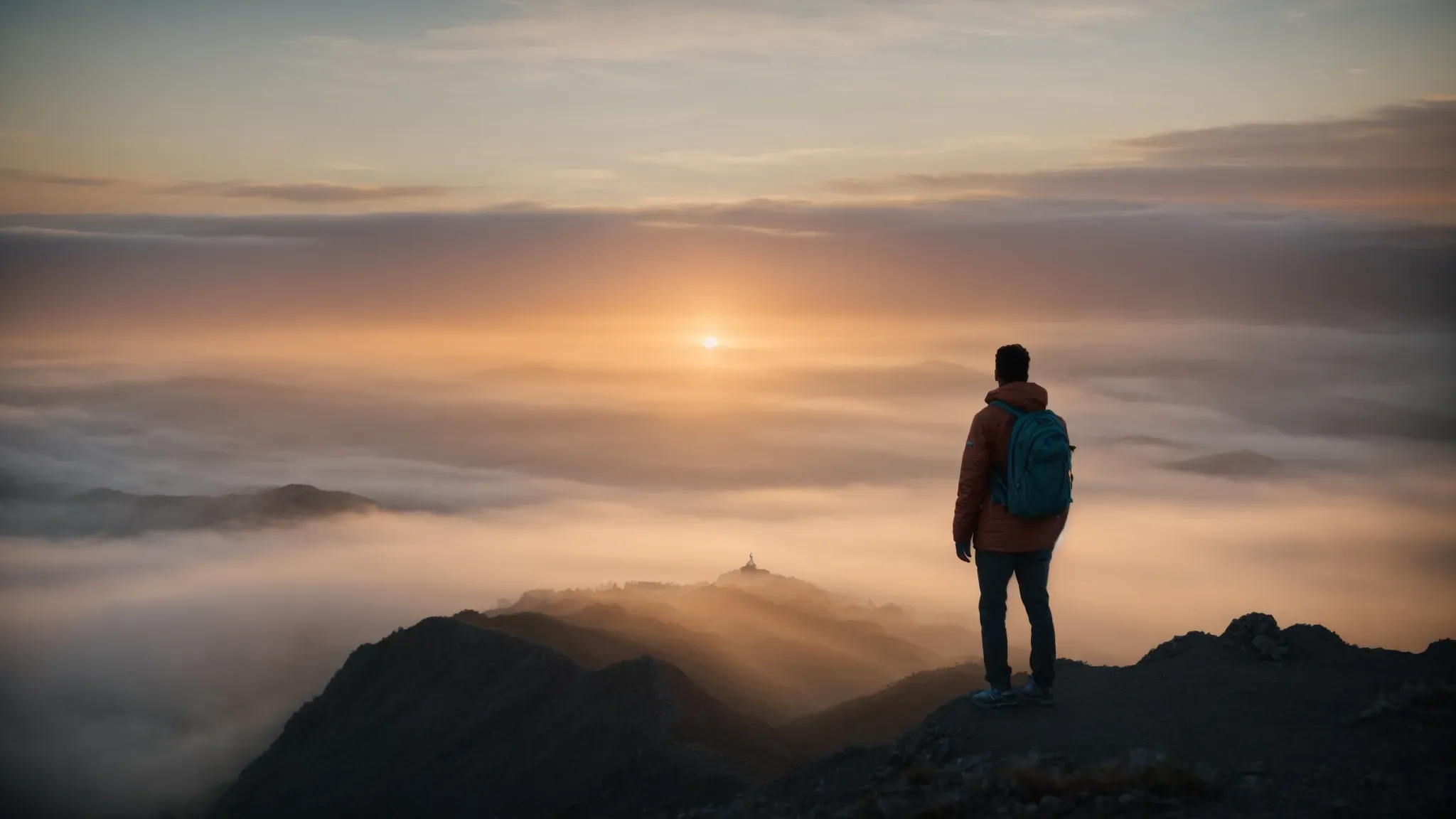 a person stands at the peak of a mountain at sunrise, gazing into the vast horizon, embodying the journey and vision of financial growth and freedom.