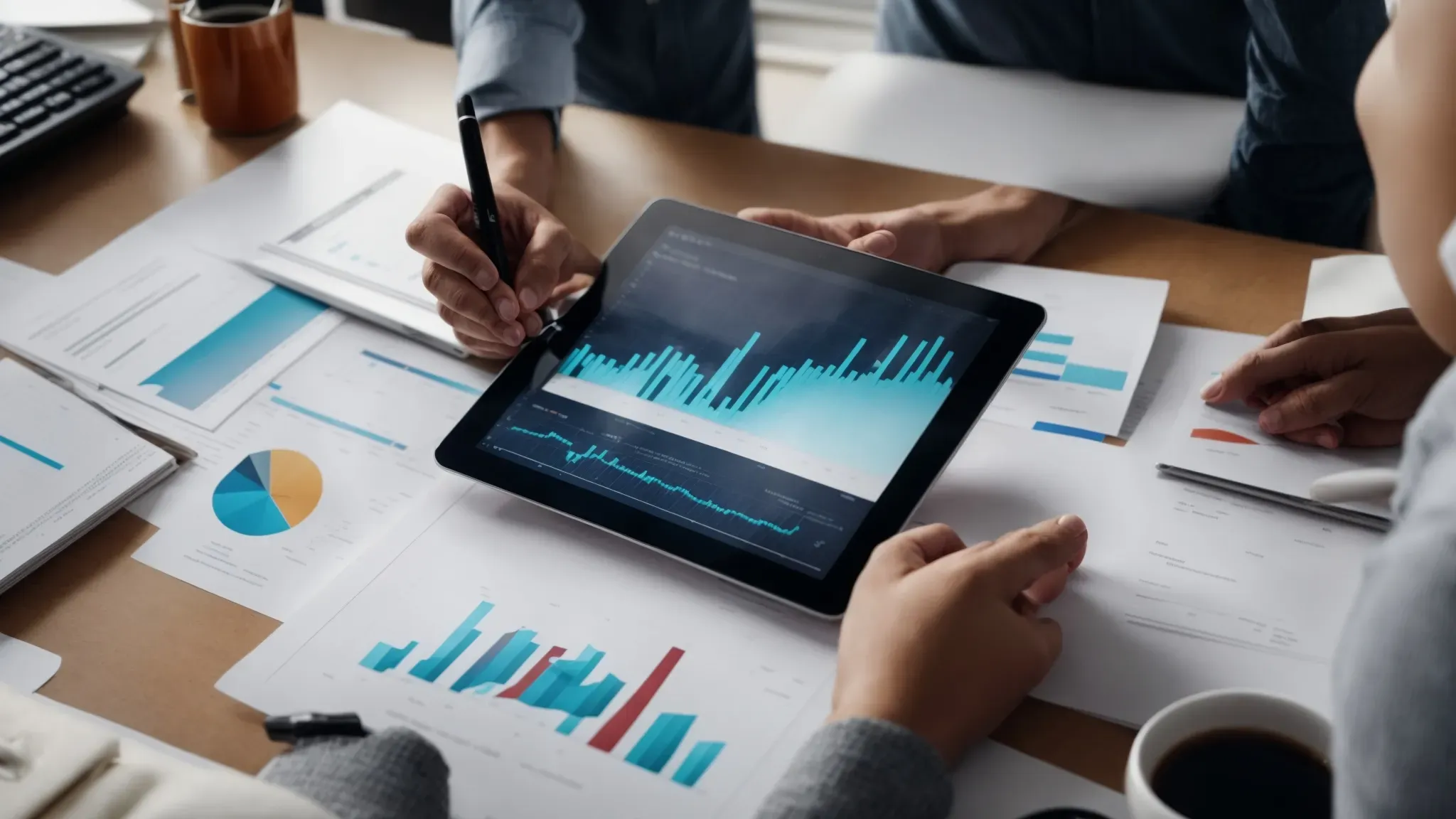 a person analyzes financial charts and graphs on a digital tablet in a bright, modern office.