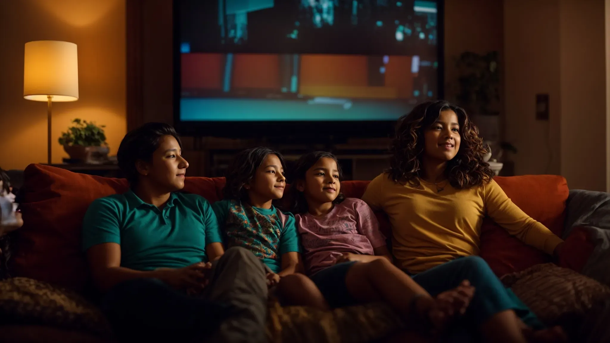 a family gathered on the couch, eyes fixed on the tv screen, radiating colorful glows from a marvel movie.