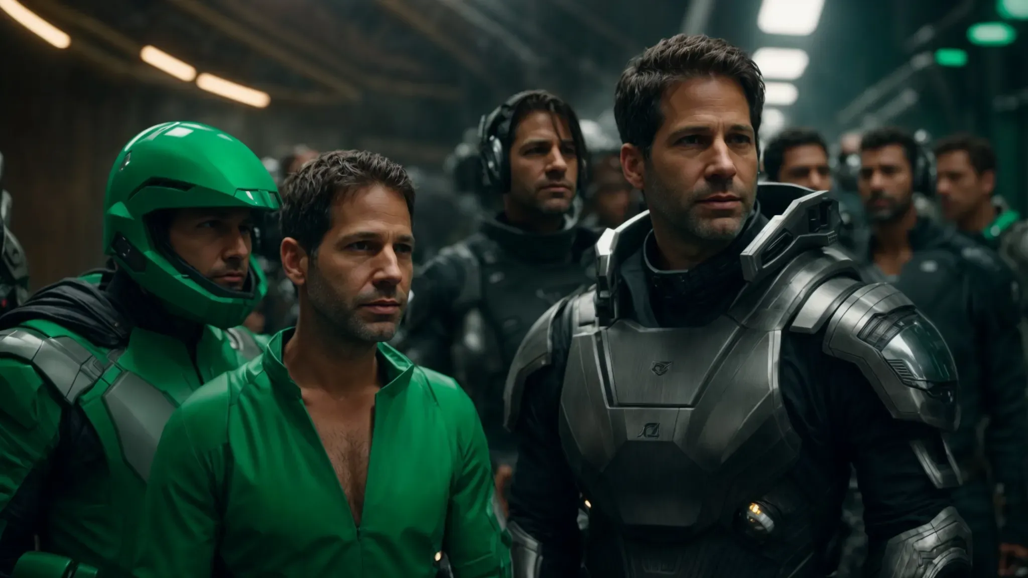 zack snyder on set, directing a scene of an epic space opera with actors in futuristic costumes against a green screen.