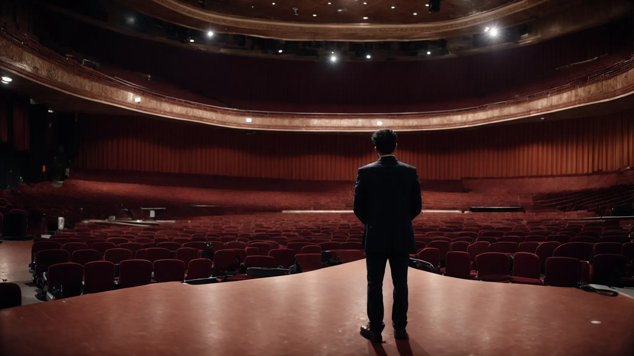 a filmmaker stands before an empty vintage theater stage, contemplating the space for a shoot.