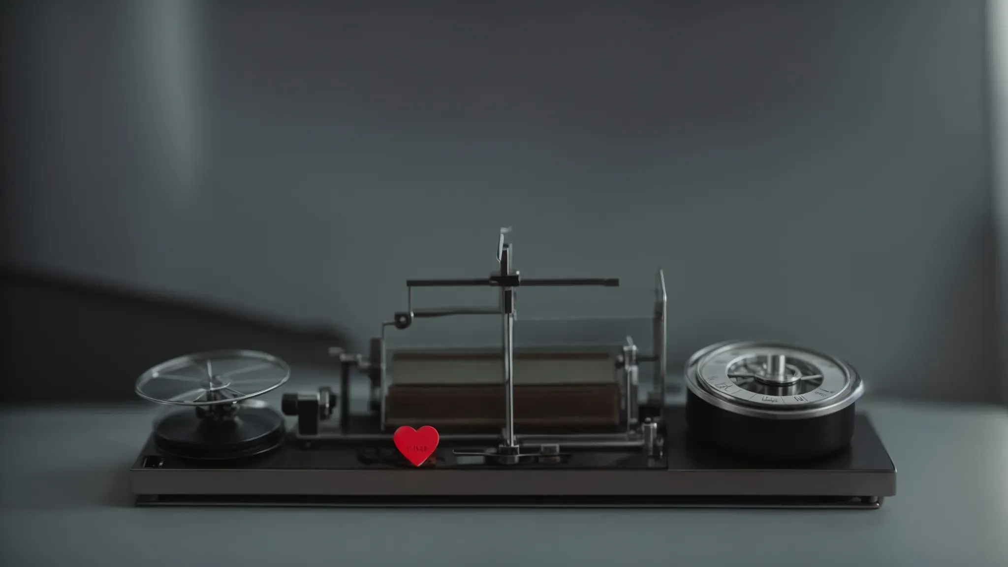a balance scale evenly poised, with cinema reels on one side and a human heart on the other.