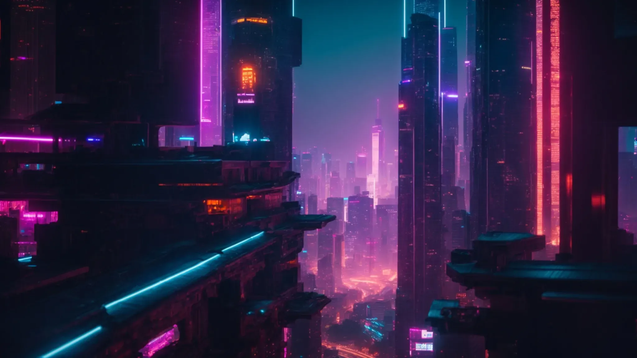 a futuristic cityscape bathed in neon lights with silhouettes of high-tech skyscrapers under a dark, starless sky.
