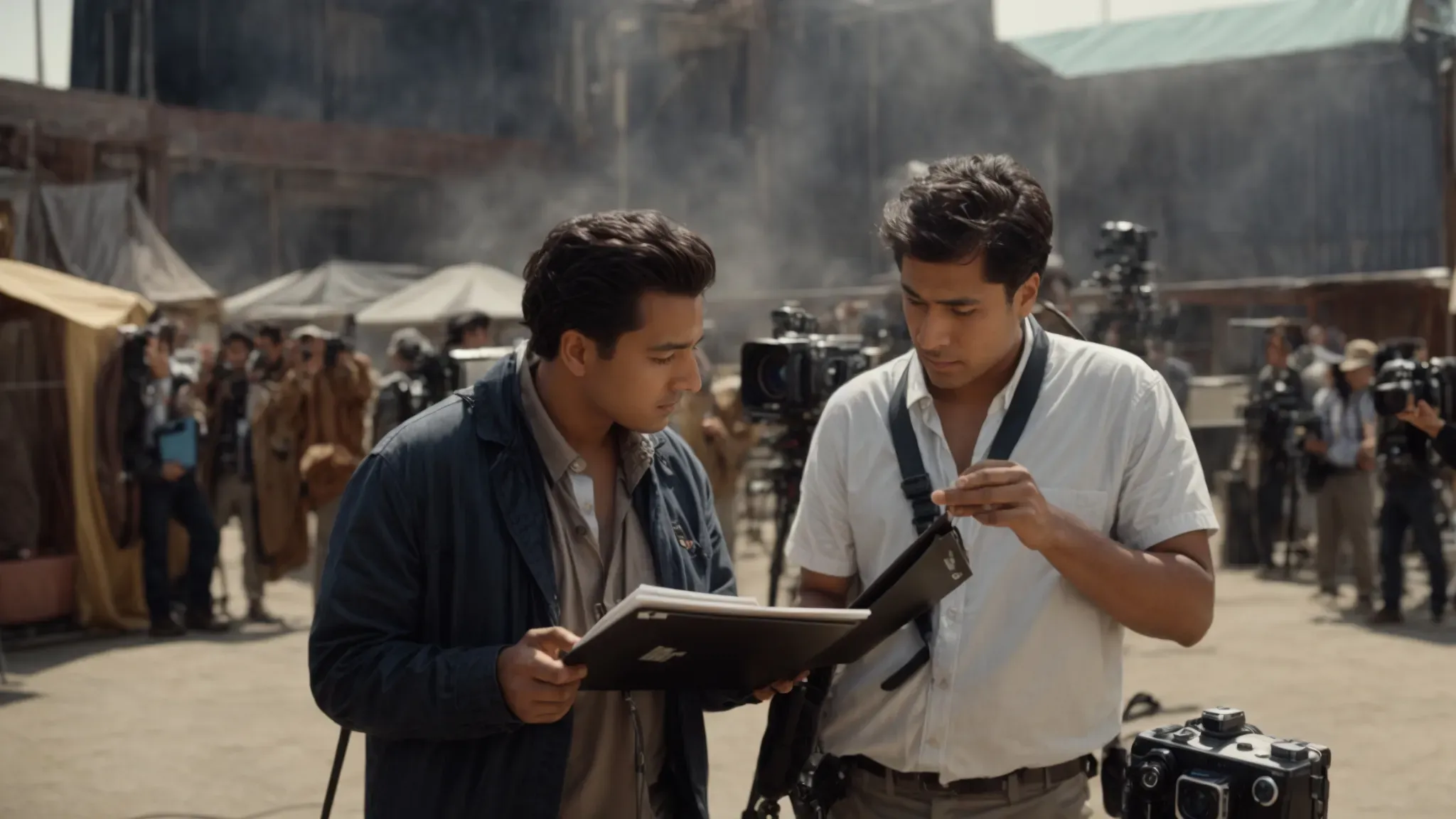a director and a cinematographer discuss over a clipboard amidst the bustling film set, with cameras and set pieces framing the background.