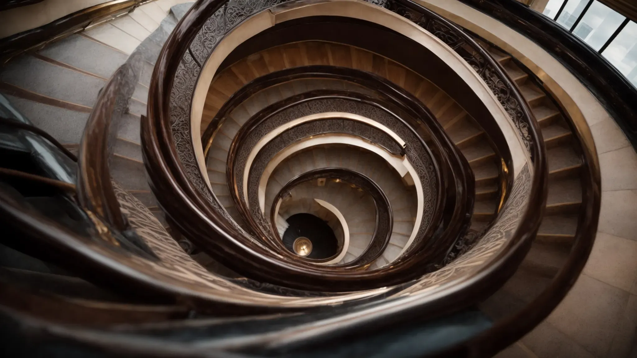 a swirling spiral staircase stretching upward into vertiginous infinity.