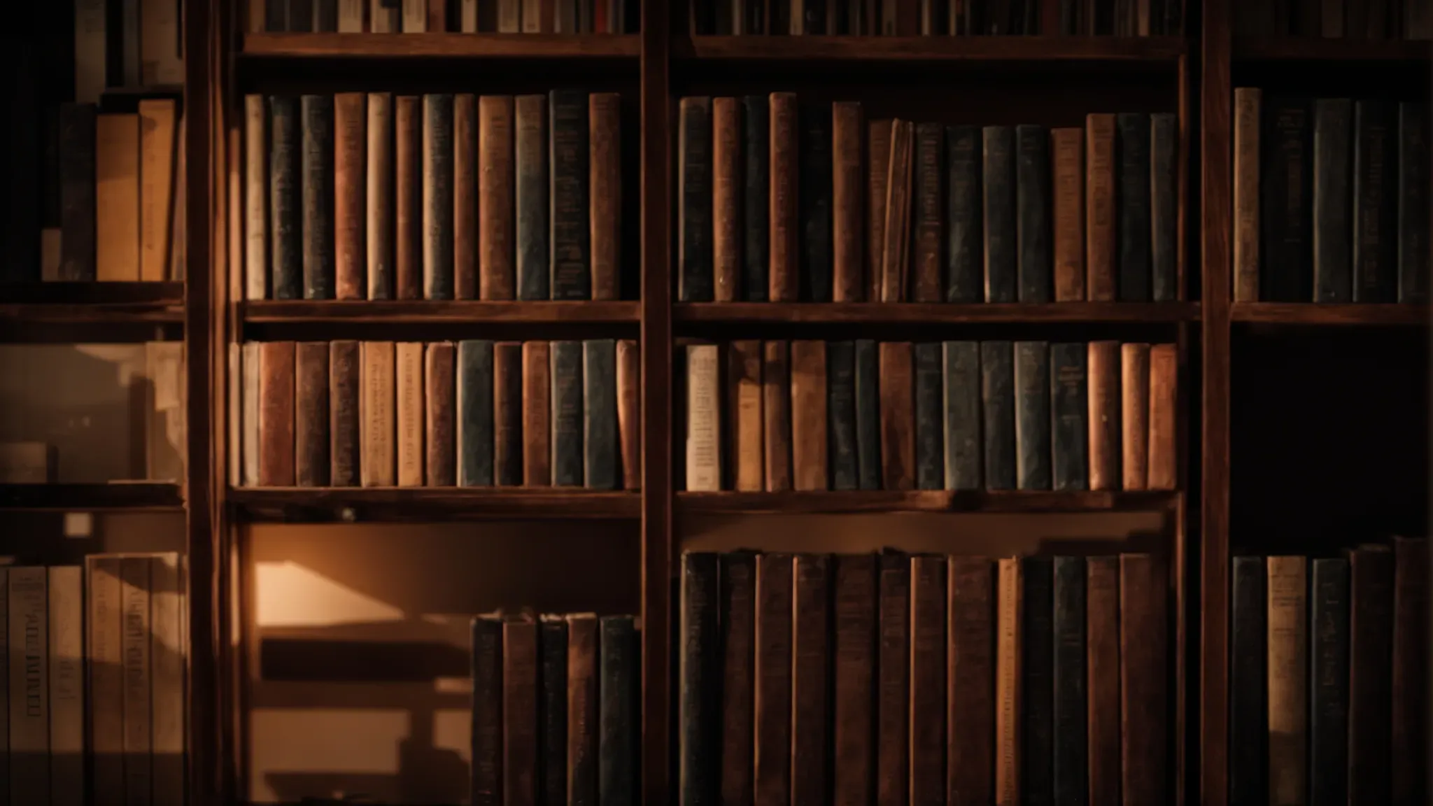 a bookshelf filled with vintage film scripts and screenwriting guides under a dim, moody light.