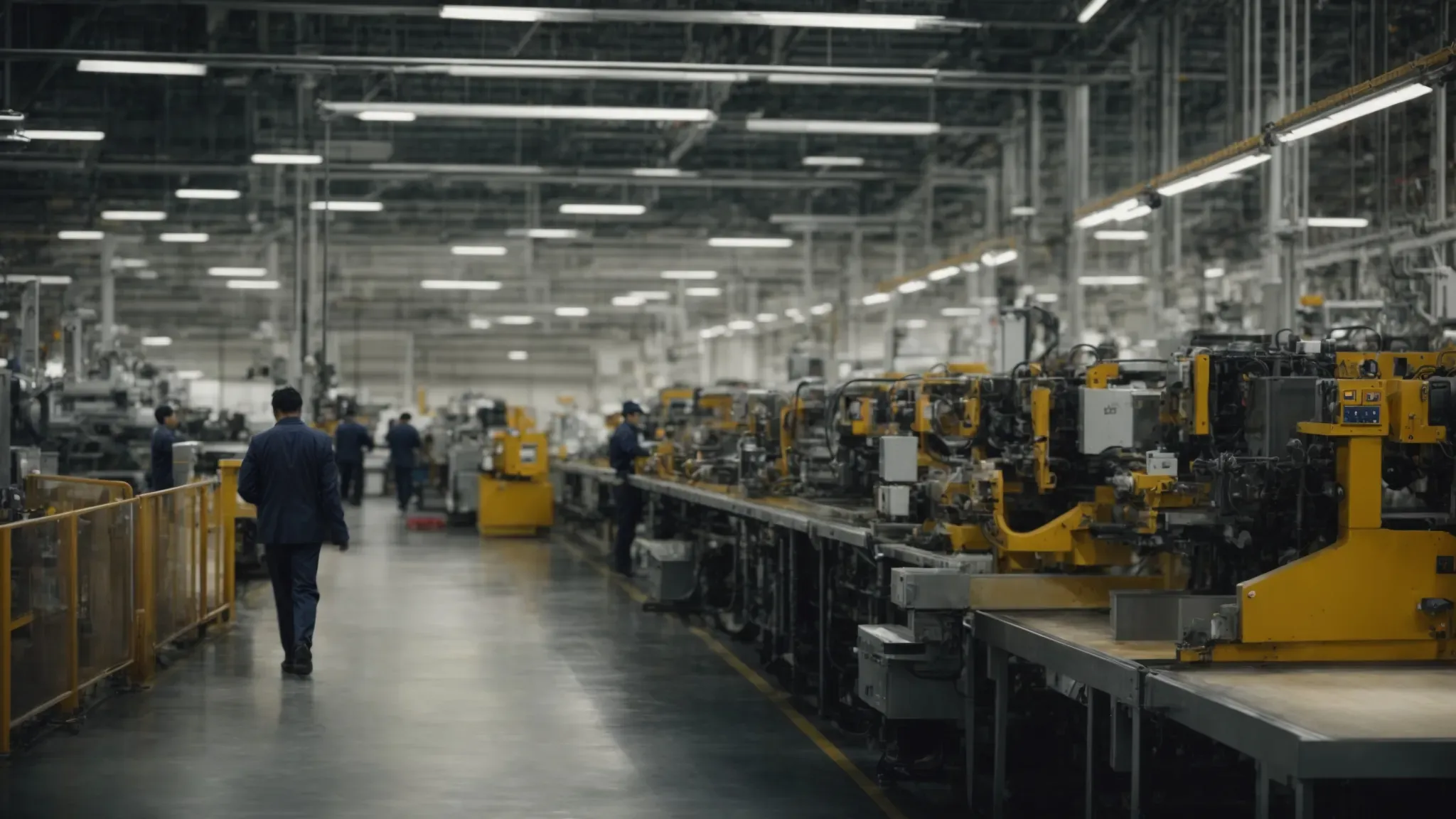 a production manager walks through a bustling factory floor, closely observing the machinery and workers to ensure everything runs smoothly.