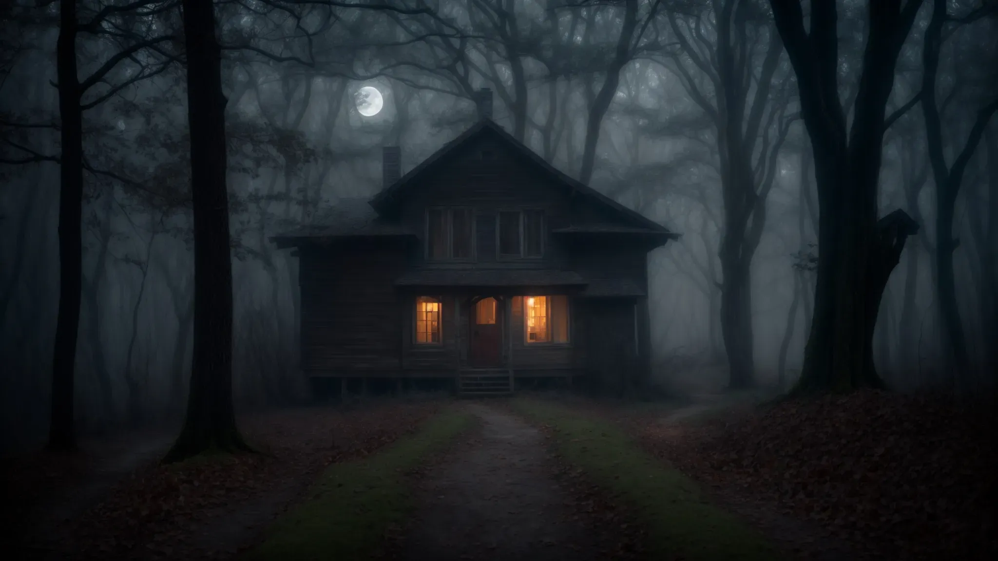 a dimly lit, fog-filled forest with a narrow pathway leading to an ominous, dilapidated house under a full moon.