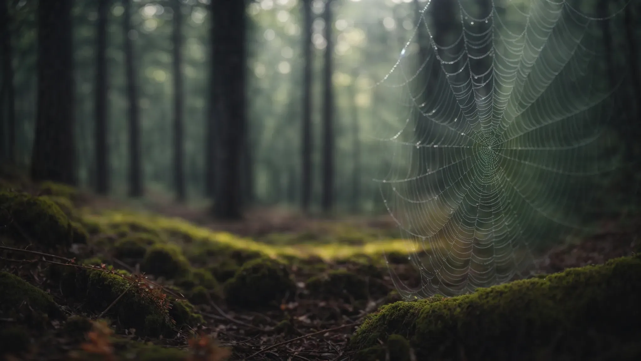 a blurred forest background with a sharp focus on a single dewy spider web, highlighting the intricate patterns against a dreamy landscape.