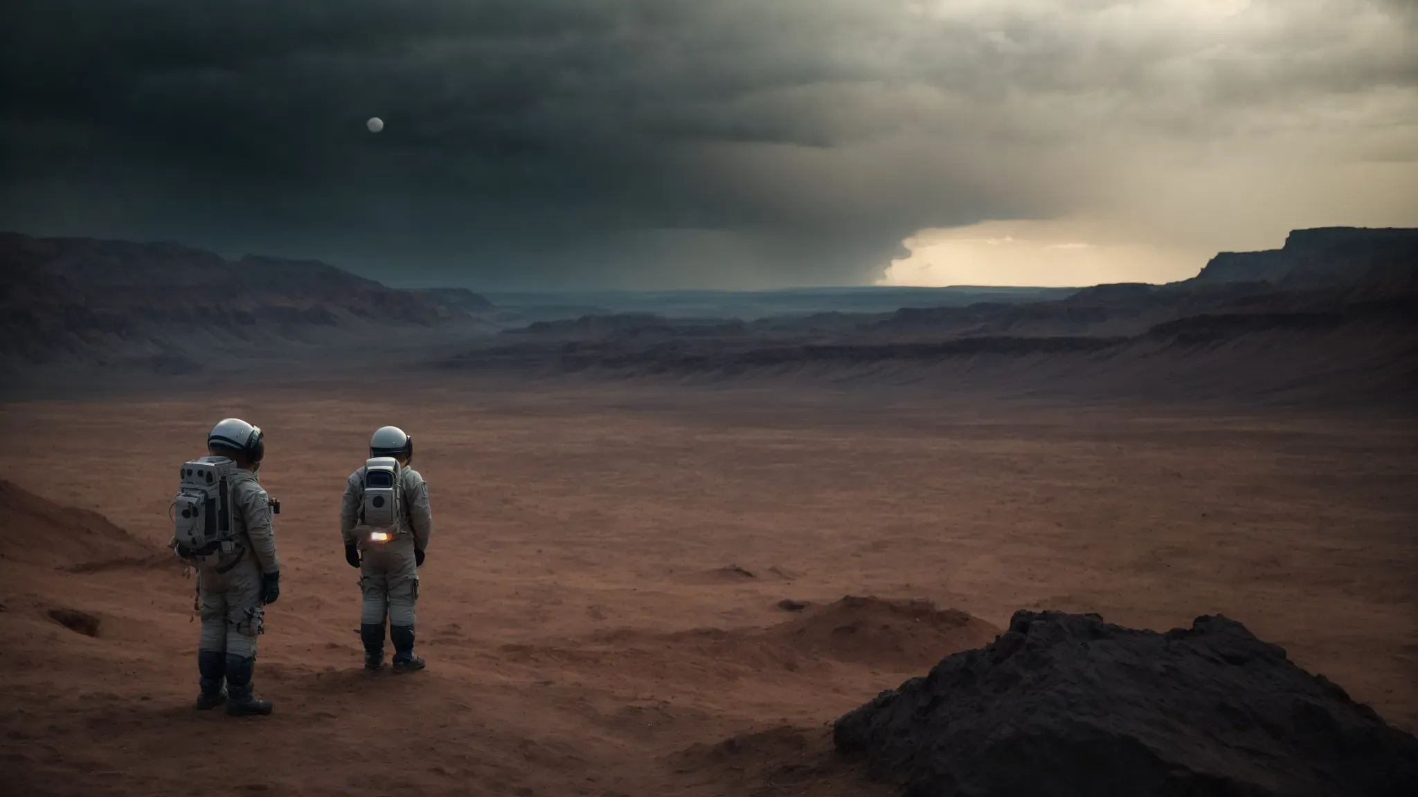 astronauts gaze at a vast, eerie alien landscape under a glowing foreign sky.