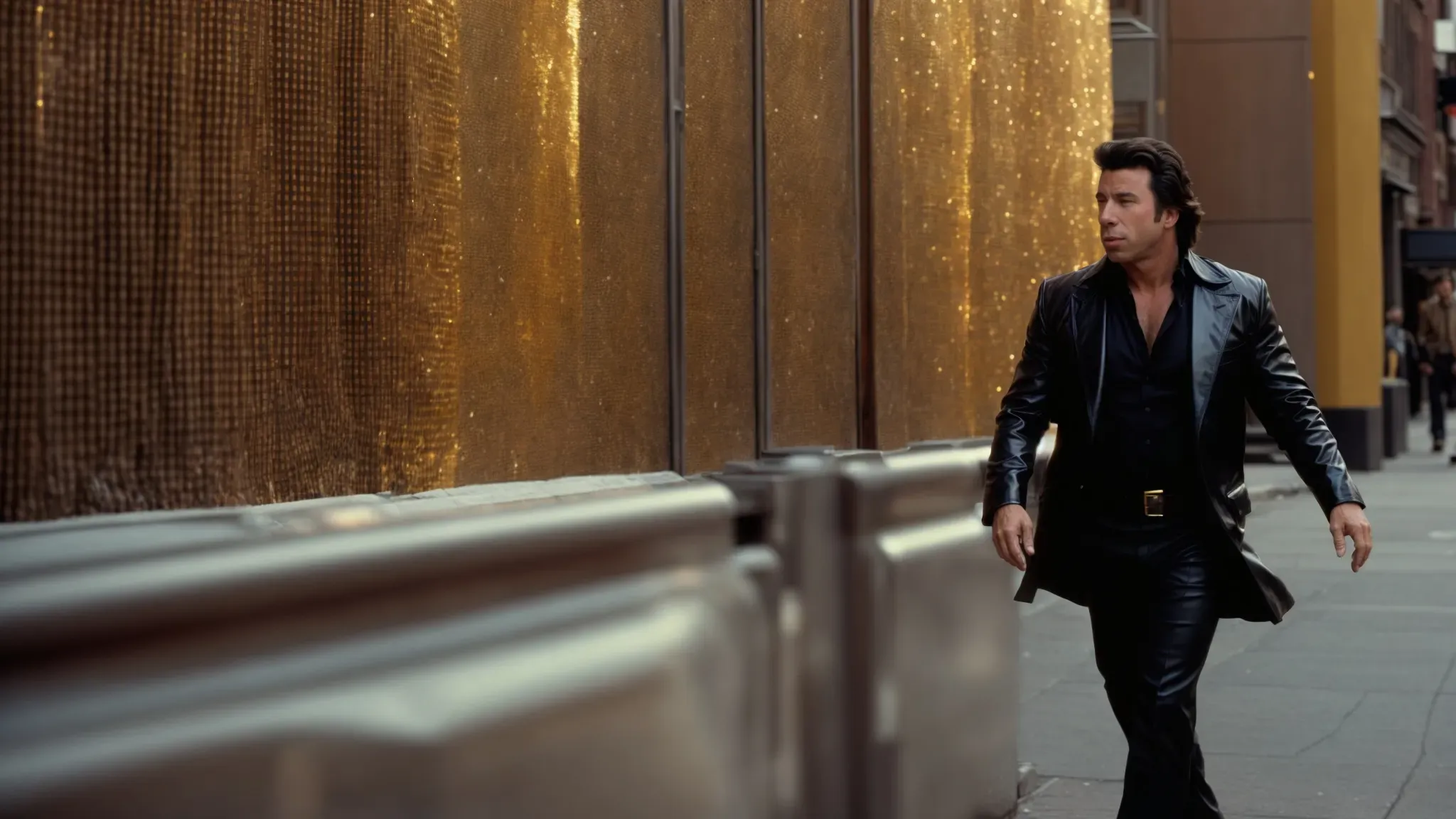 john travolta confidently walks down a new york city street, embodying the disco fever of the 1970s.