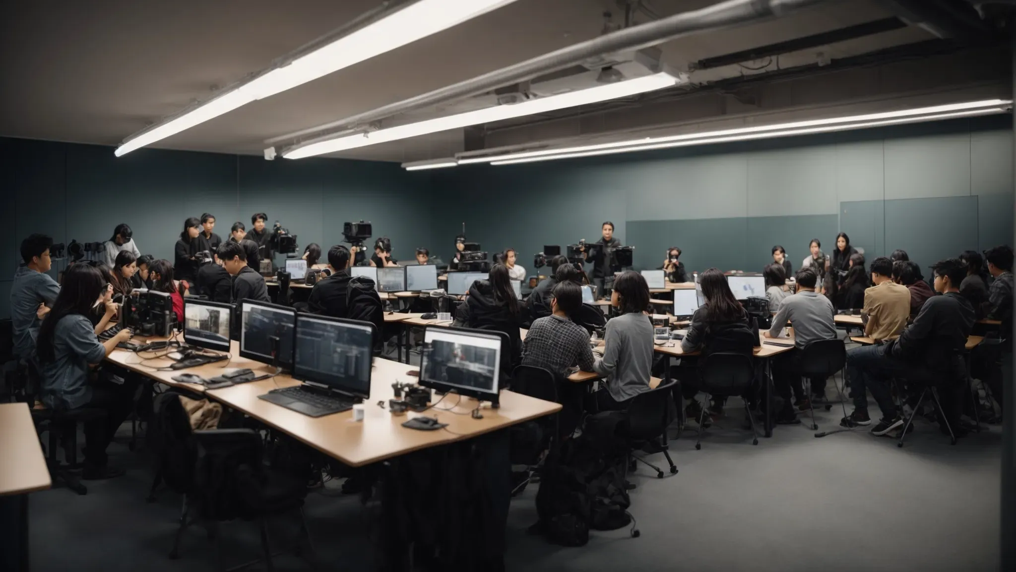 a wide-angle view of a modern film school classroom in australia, with students gathered around high-tech equipment, deeply engaged in a filmmaking workshop.