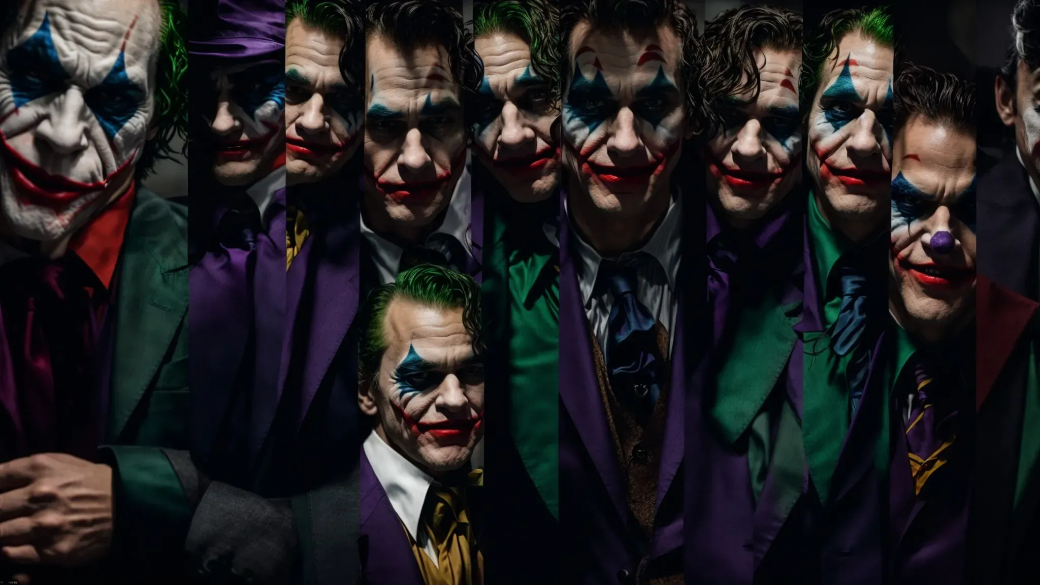 a collage of various joker actors in costume, each showing a distinct version of the character's signature grin against a shadowy gotham backdrop.