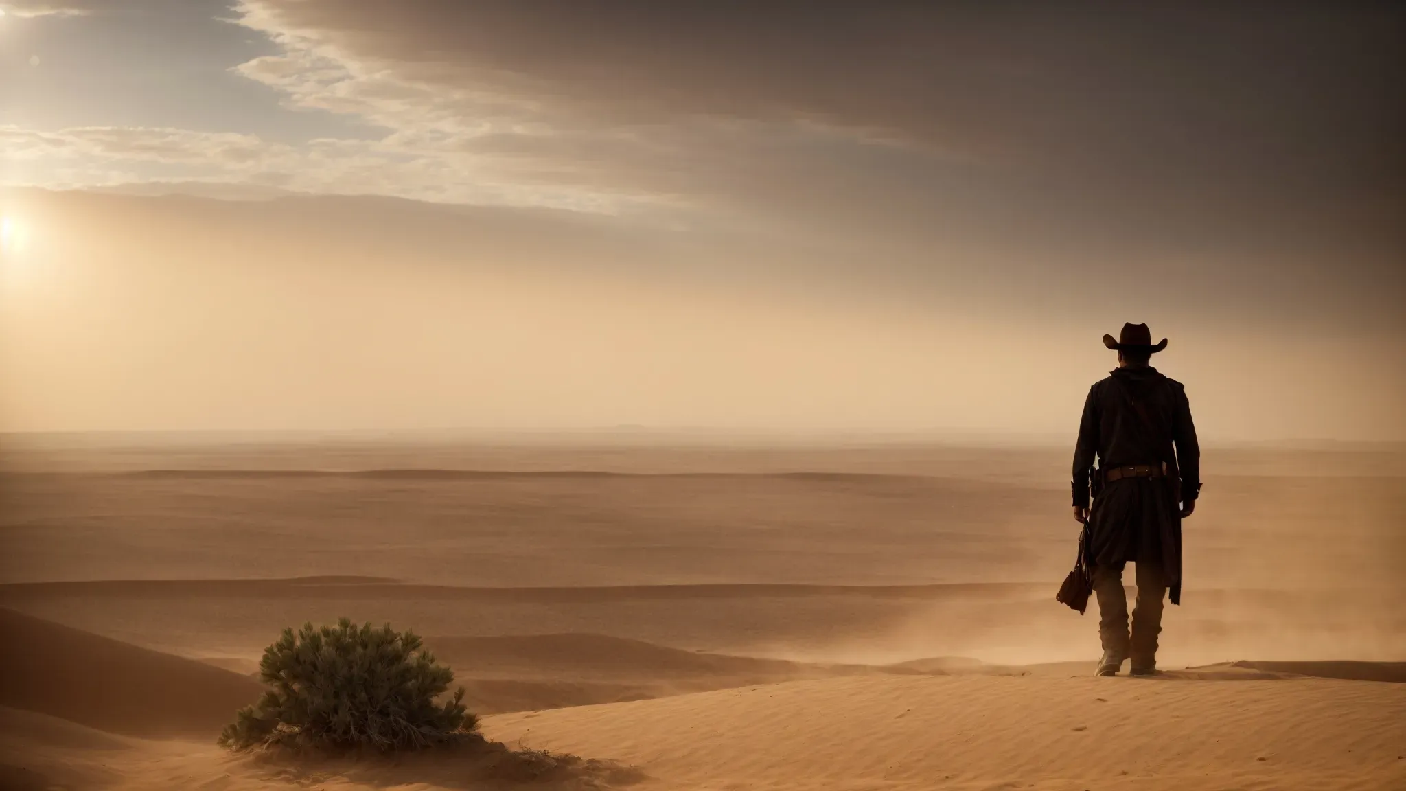 a vast desert landscape under a blazing sun, with a lone cowboy silhouetted against a sprawling frontier town at dusk.