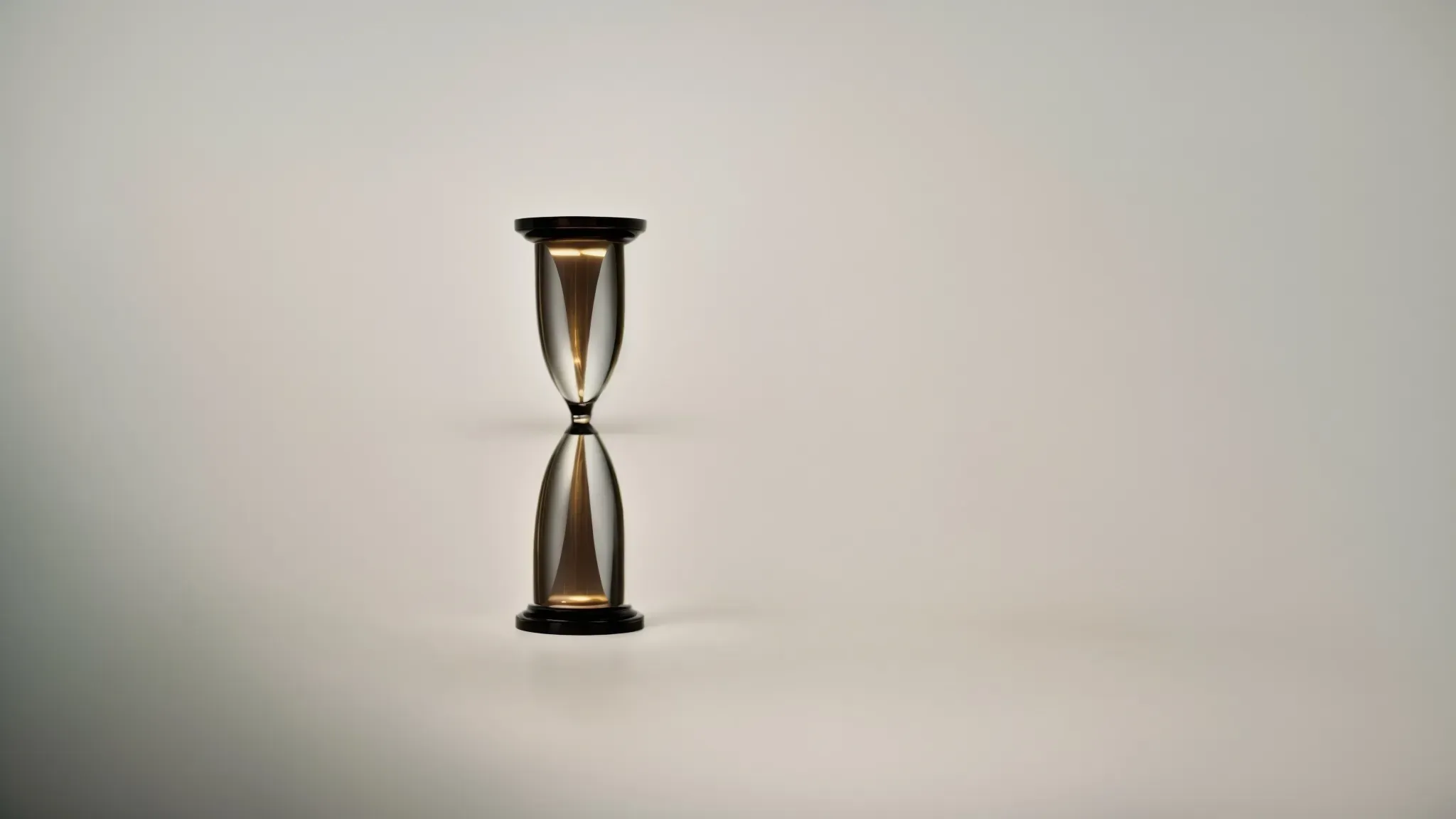 a reflection of an hourglass on a smooth surface, symbolizing time inversion and the mirrored narrative of 'tenet.'