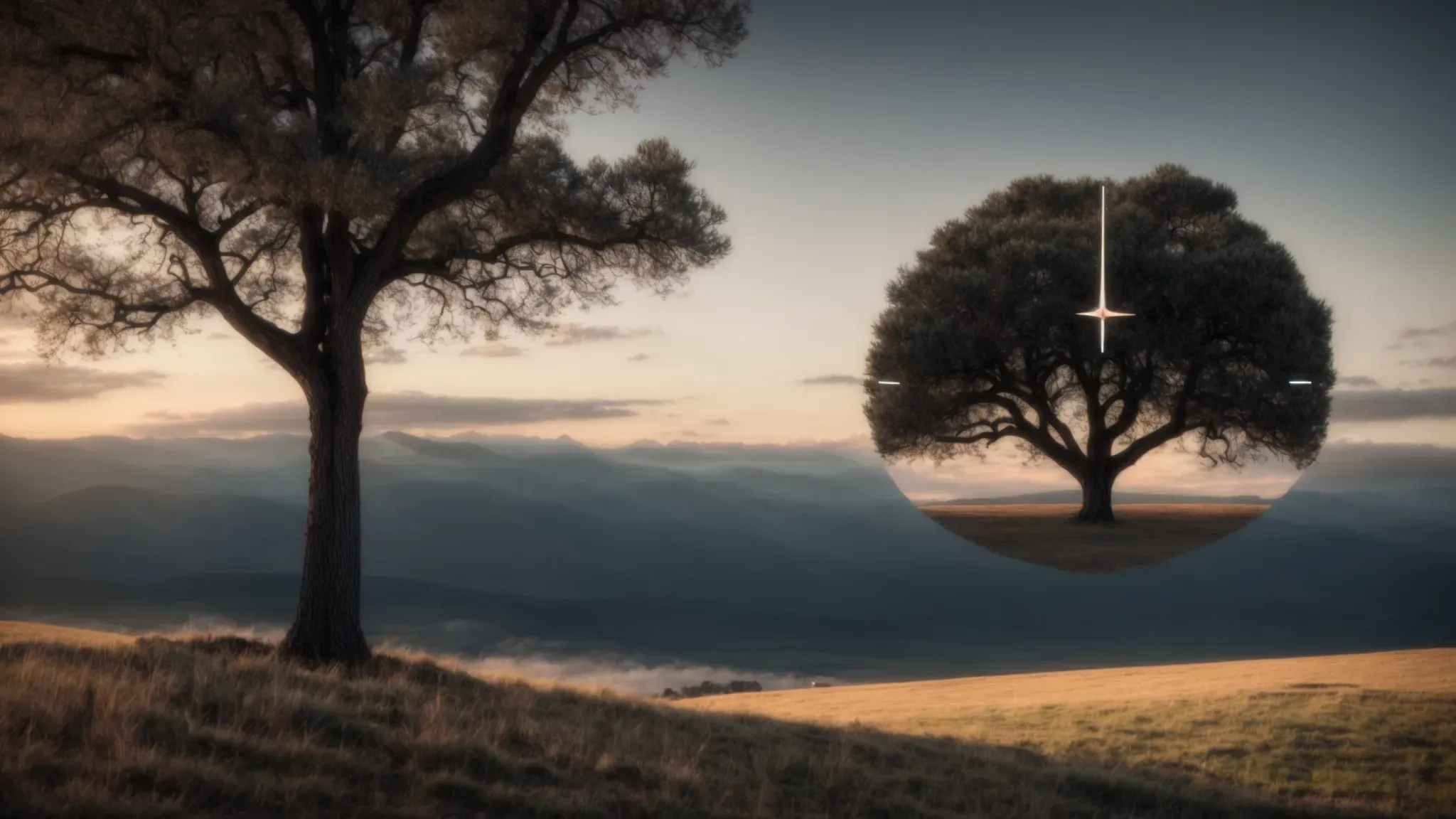 a vast, open landscape with a clock melting over a solitary tree under a sky where day meets night.