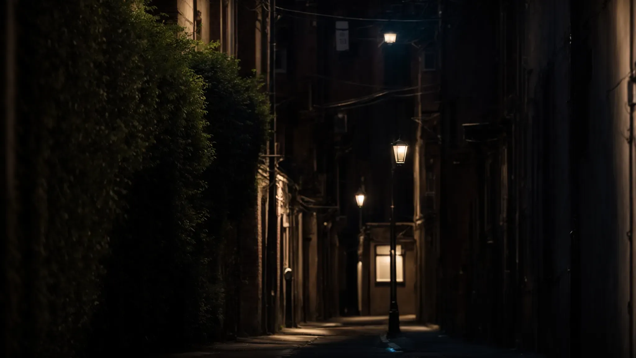 a dimly lit alleyway with a single streetlamp casting long shadows, creating a mysterious and tense atmosphere.