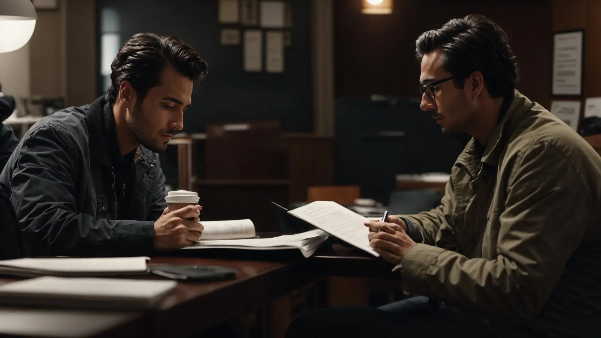 a filmmaker and screenwriter sit across from each other at a small table, surrounded by scripts and a laptop, deeply engrossed in conversation.