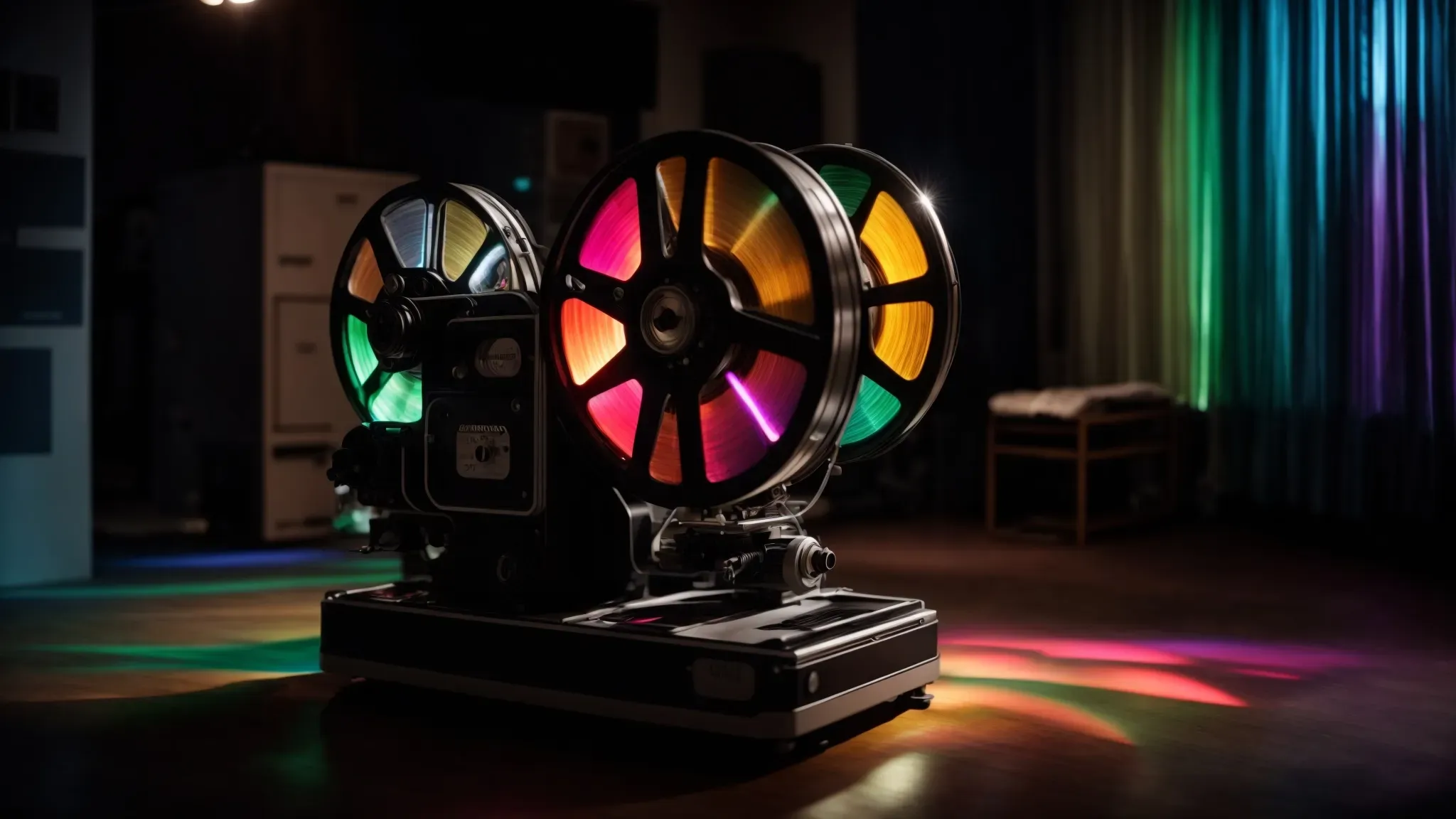 a vintage film projector casts beams of colorful light through film reels across a dark room, illuminating a path from black-and-white to vibrant hues.