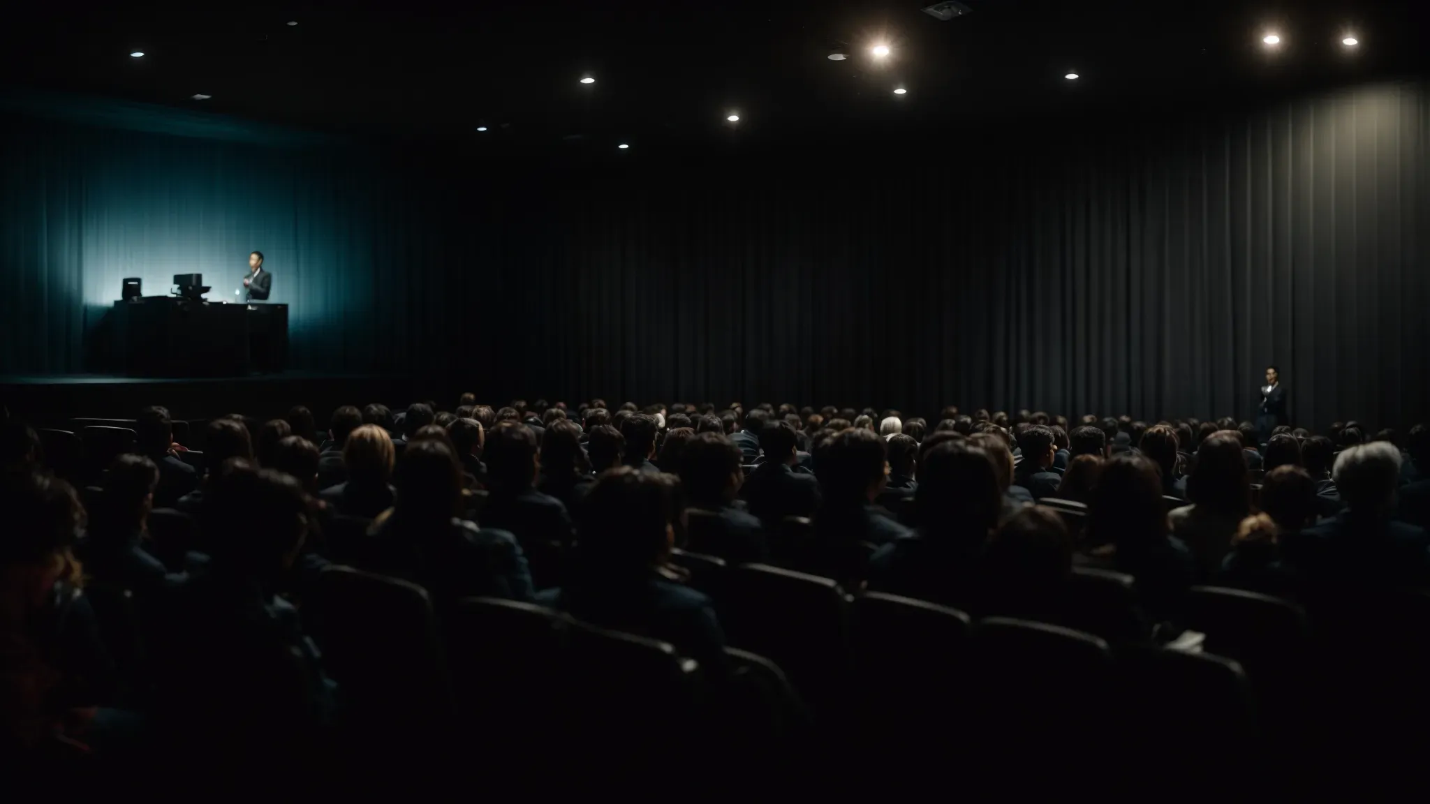 a filmmaker stands before a captivated audience in a dimly lit screening room, introducing their first short film.
