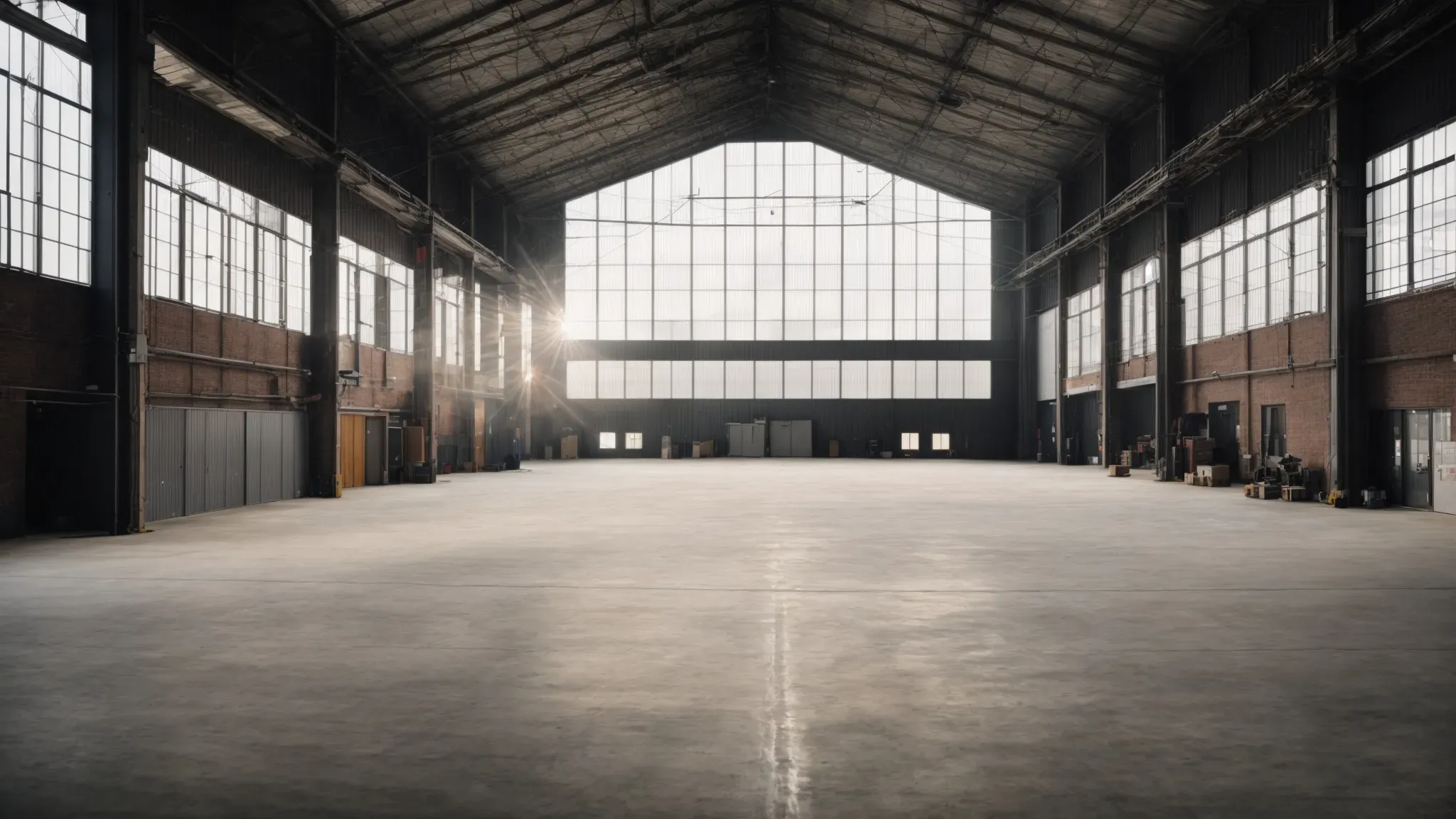 a vast empty warehouse with natural light streaming through large windows, offering a versatile space for a film set.