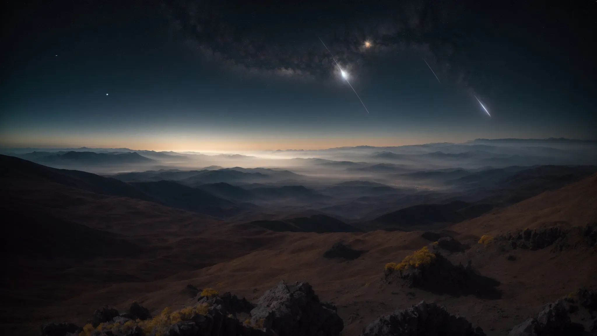 a vast cosmic landscape with two distinct celestial bodies nearing close encounter under a starlit sky, symbolizing the convergence of differing perspectives and the boundless possibilities of understanding.