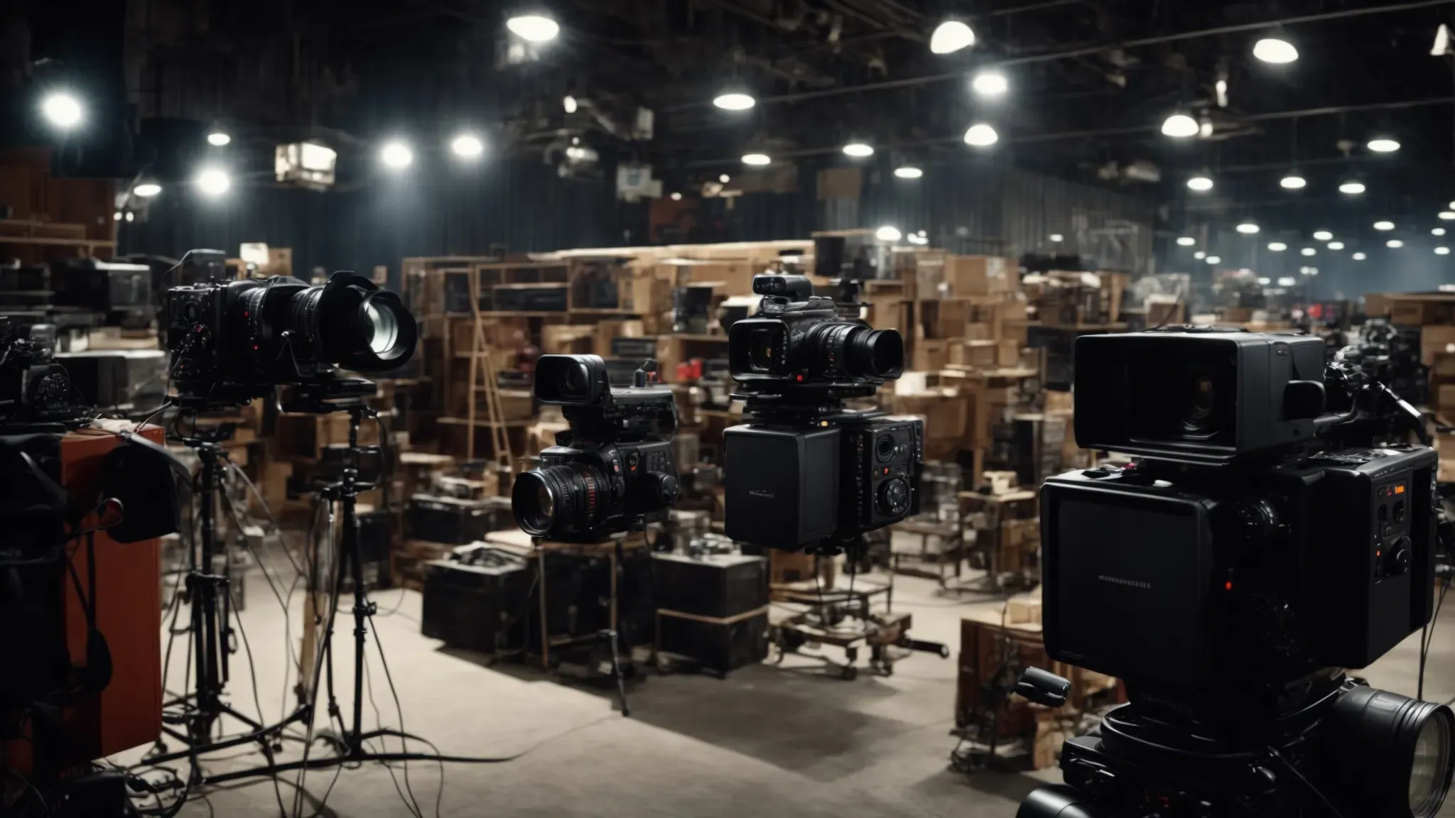 a wide, bustling film set under bright lights with various modern digital cameras and equipment scattered around.