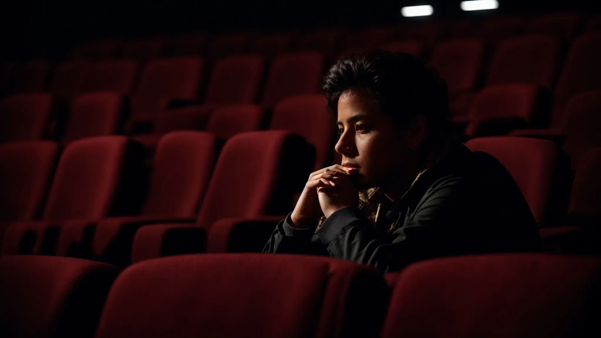 a movie critic holds a contemplative pose in a dark theater, with the glow of the screen reflecting a thoughtful expression.