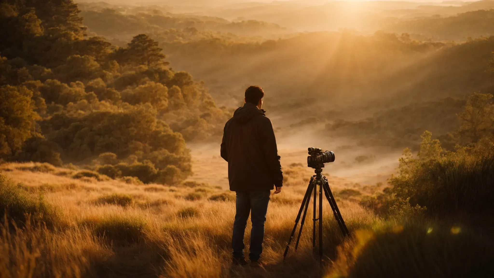 a cinematographer surveys an expansive, untouched filming location bathed in the golden hour light.